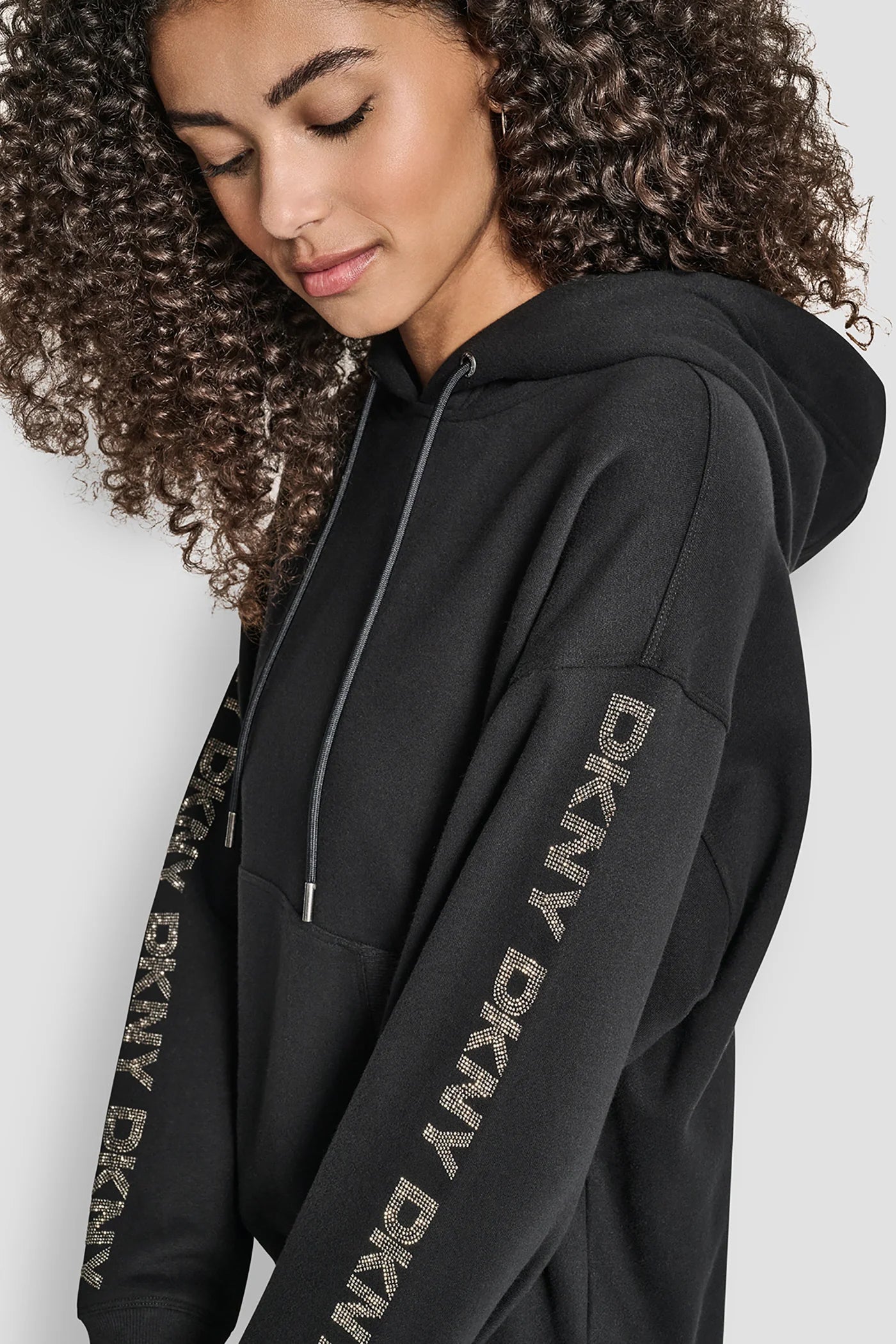 Black RELAXED RHINESTONE SLEEVE LOGO HOODIE, VIEW 1 | Back-To-School Shop