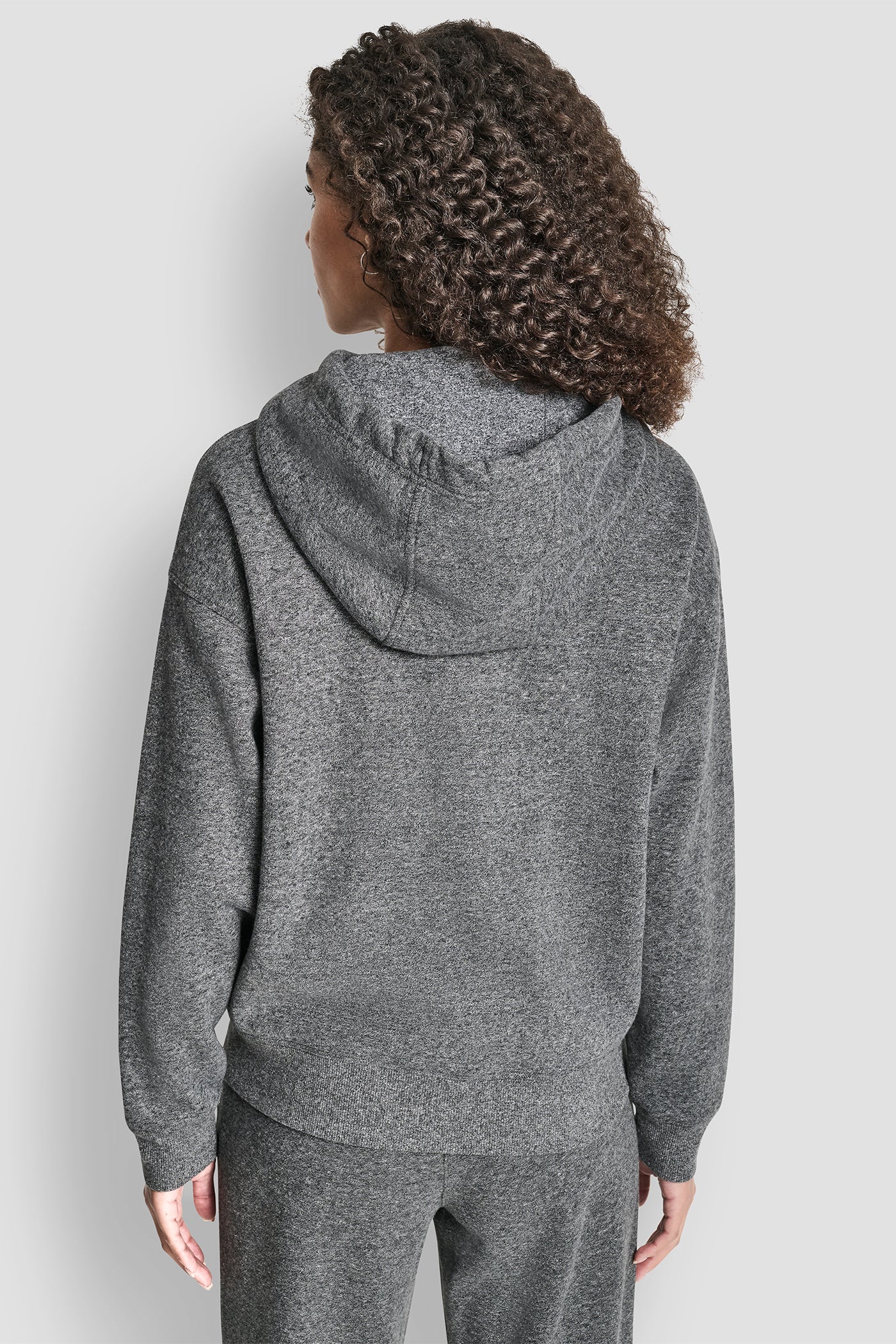 BLACK HEATHER/ GUNMETAL RELAXED RHINESTONE SLEEVE LOGO HOODIE WITH KANGAROO POCKET, BACK VIEW | Sport Essentials