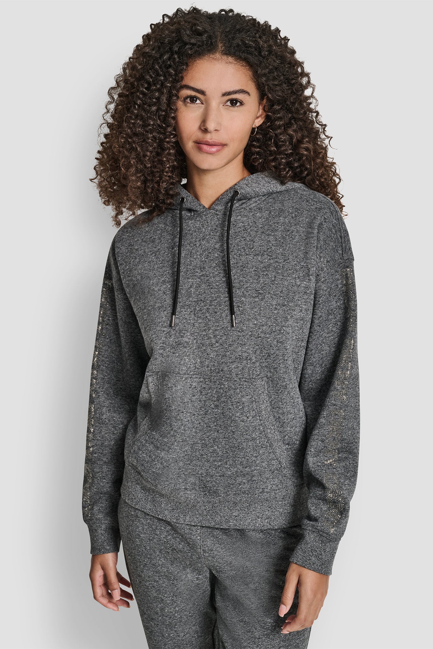 BLACK HEATHER/ GUNMETAL RELAXED RHINESTONE SLEEVE LOGO HOODIE WITH KANGAROO POCKET, FRONT VIEW | Sport Essentials