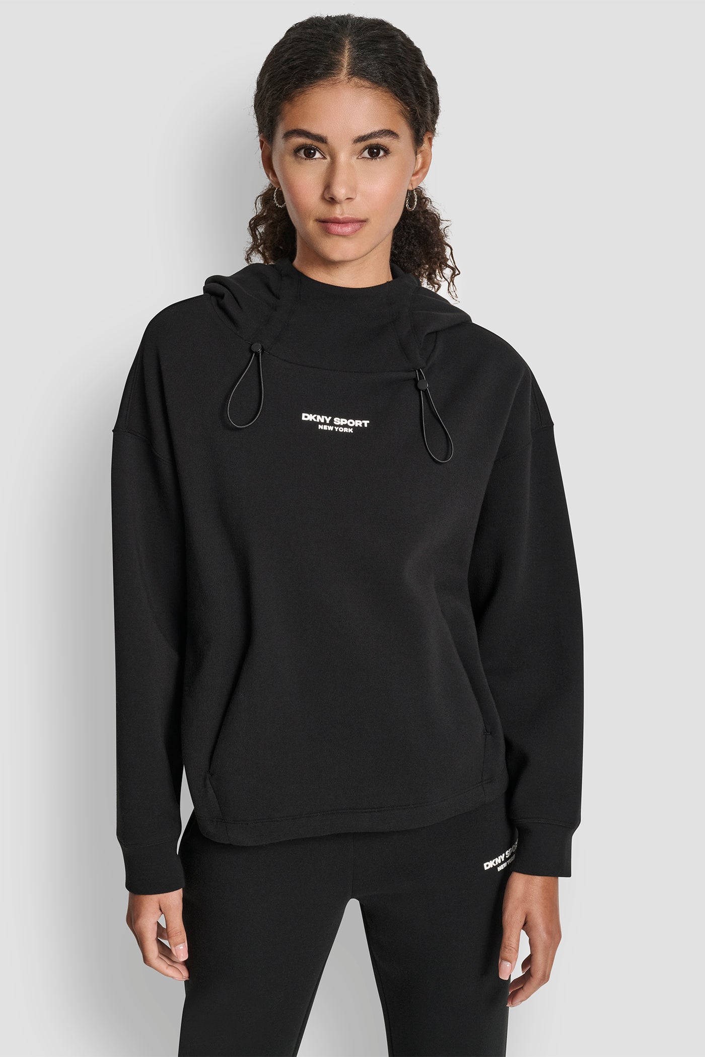 Black BROOKLYN SCUBA HOODIE WITH BUNGEE DETAIL AND POCKETS, FRONT VIEW | All Products