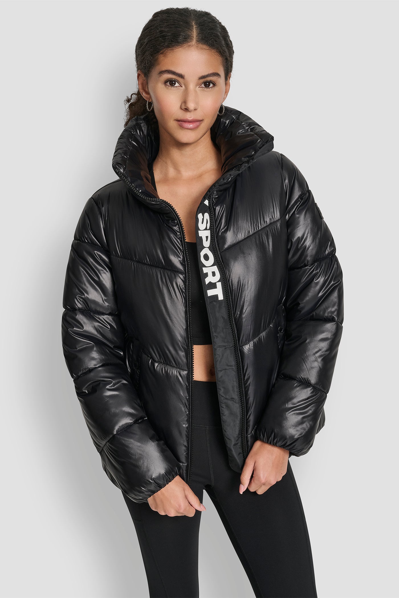 METALLIC BLACK QUILTED PUFFER WITH OVERSIZED COLLAR AND INTERIOR PLACKET LOGO, FRONT VIEW | WOMENS COATS & JACKETS