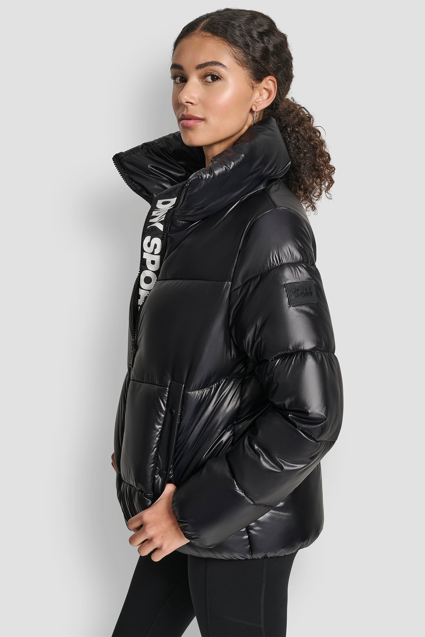 QUILTED PUFFER WITH OVERSIZED COLLAR AND INTERIOR PLACKET LOGO VIEW 3 | WOMENS COATS & JACKETS