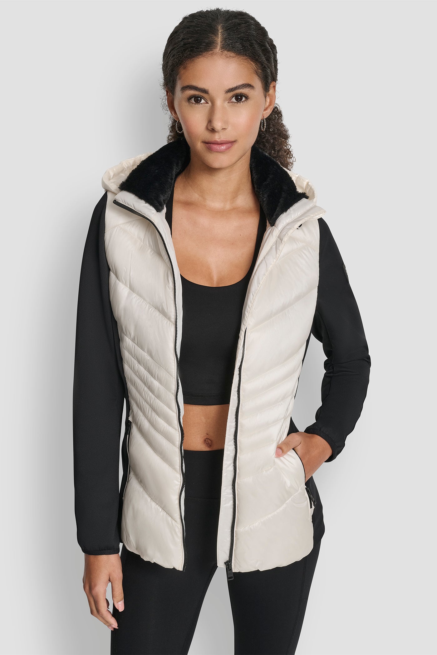 BLACK/IVORY CHEVRON QUILTED SCUBA MIX JACKET, FRONT VIEW | New Arrivals
