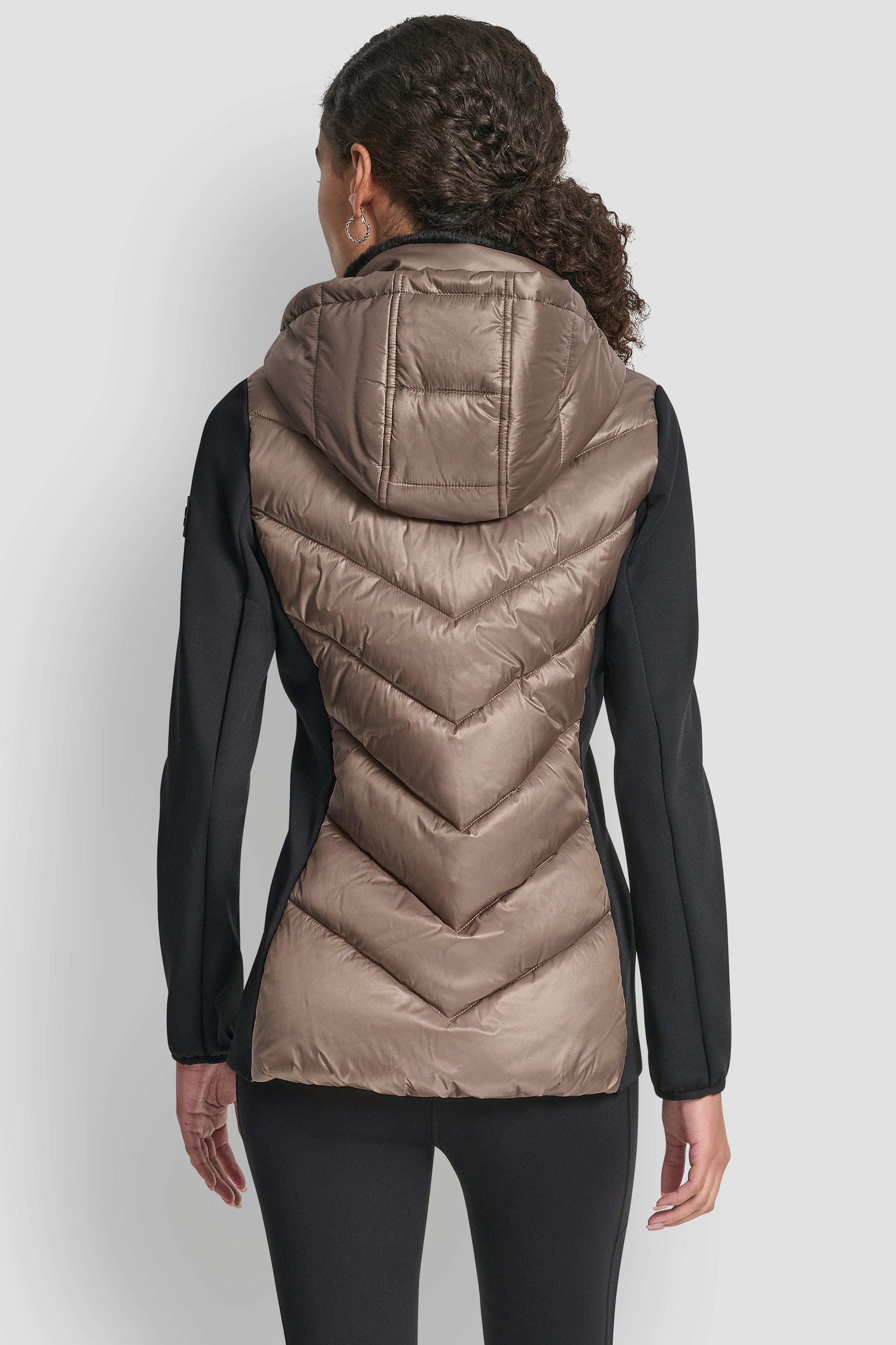 BLACK/TAUPE CHEVRON QUILTED SCUBA MIX JACKET, BACK VIEW | Gifts Under $100