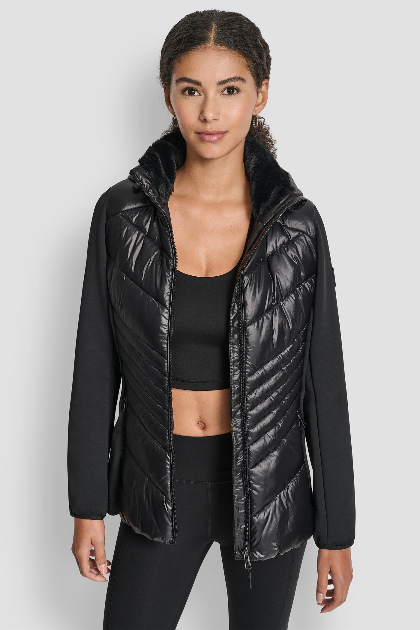 BLACK/BLACK CHEVRON QUILTED SCUBA MIX JACKET, FRONT VIEW | New Arrivals