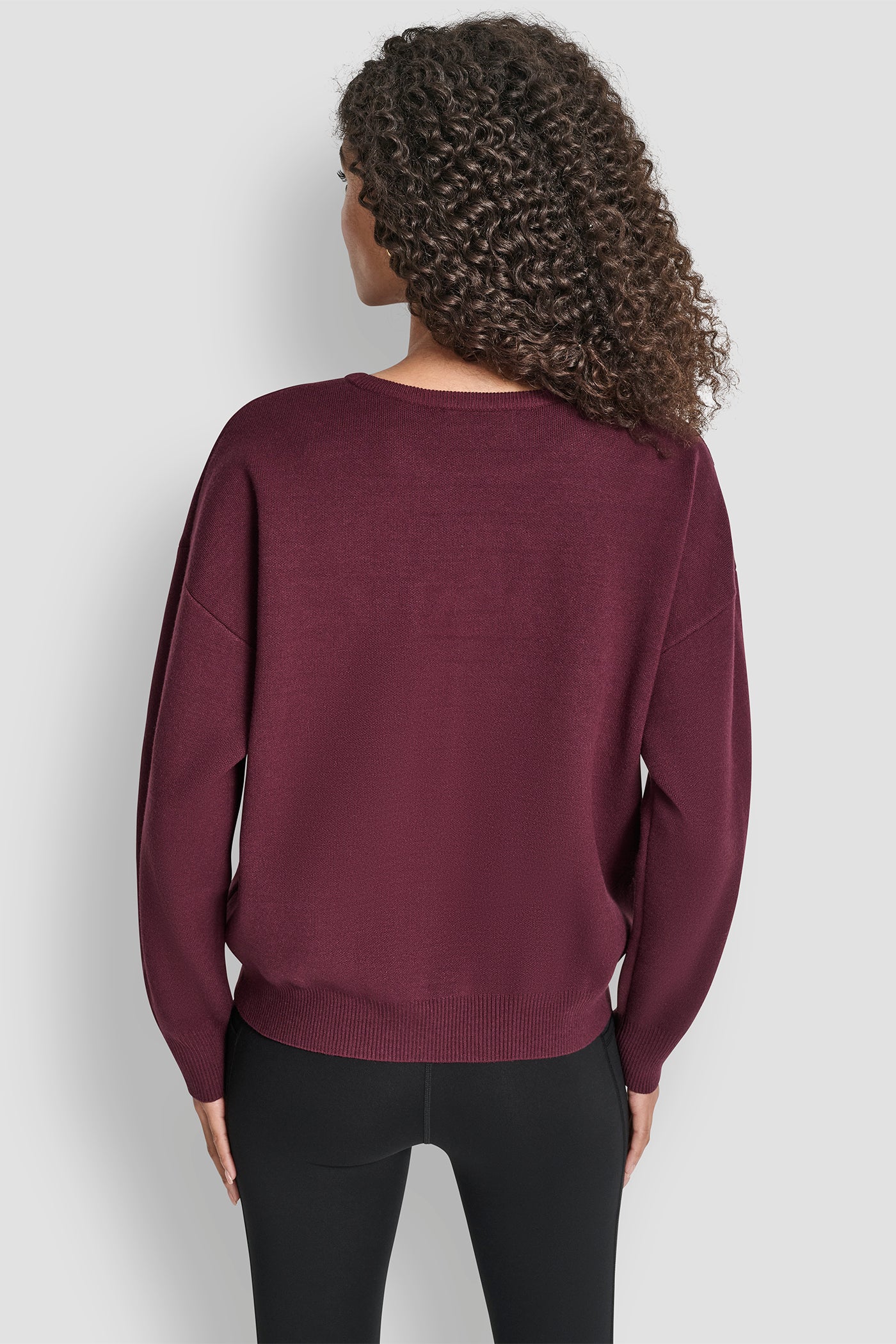 Purple V-INSET CREW NECK SWEATER WITH TEXTURED LOGO, BACK VIEW | WOMEN'S SWEATERS & TOPS