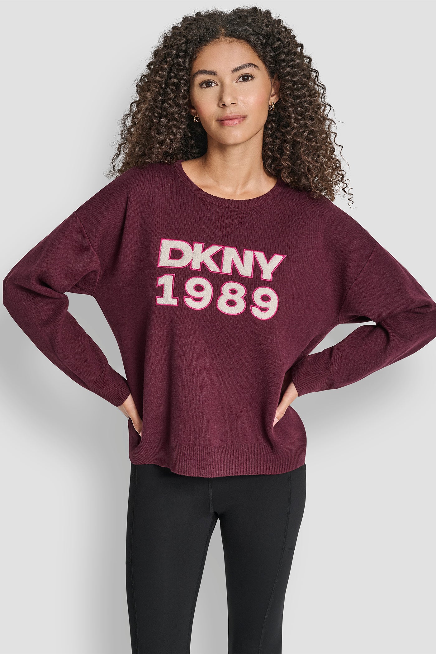 Purple V-INSET CREW NECK SWEATER WITH TEXTURED LOGO, FRONT VIEW | WOMEN'S SWEATERS & TOPS