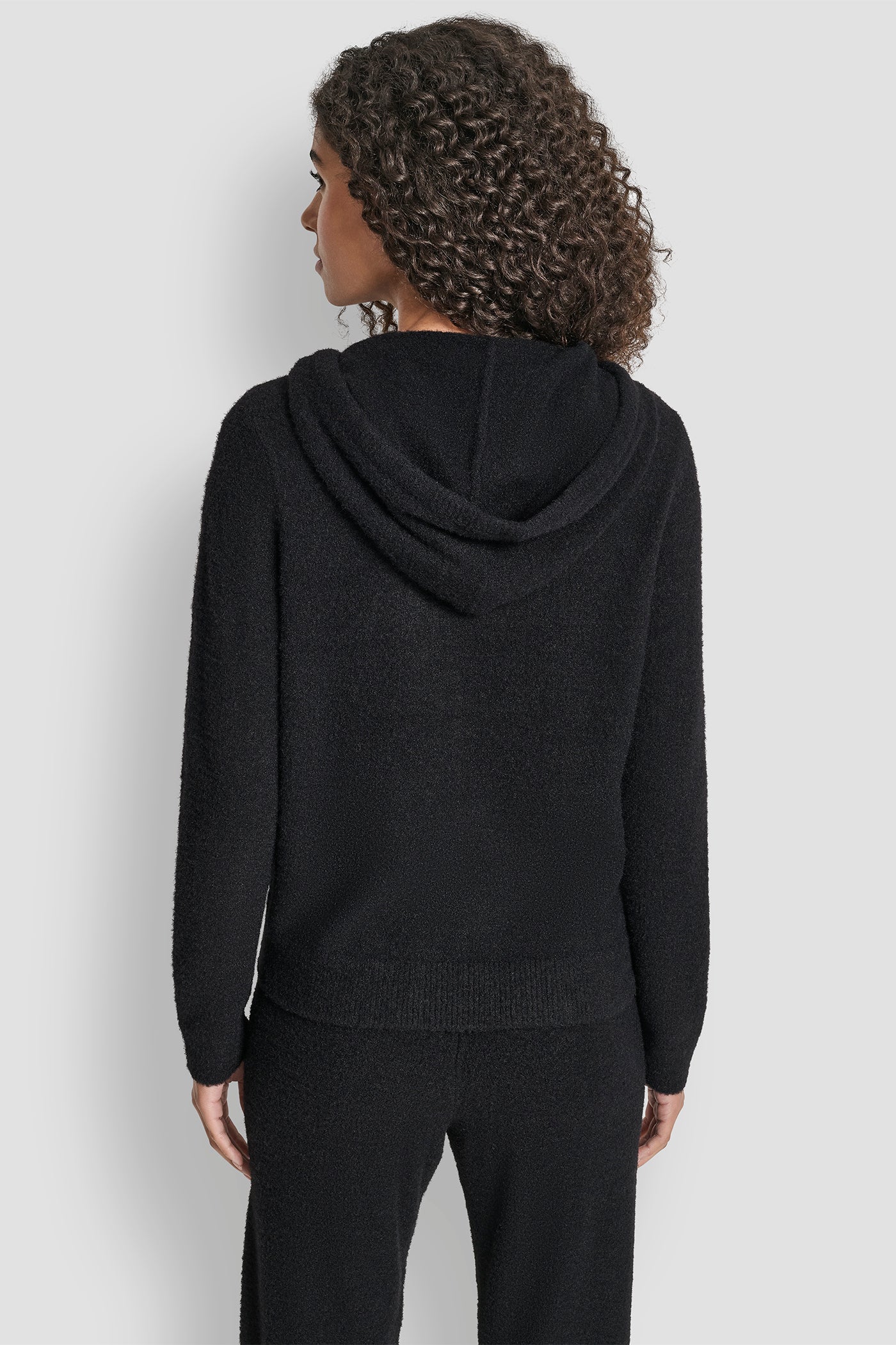 Black FEATHER YARN HOODIE WITH DRAWCORD AND TONAL LOGO, BACK VIEW | DKNY Sport