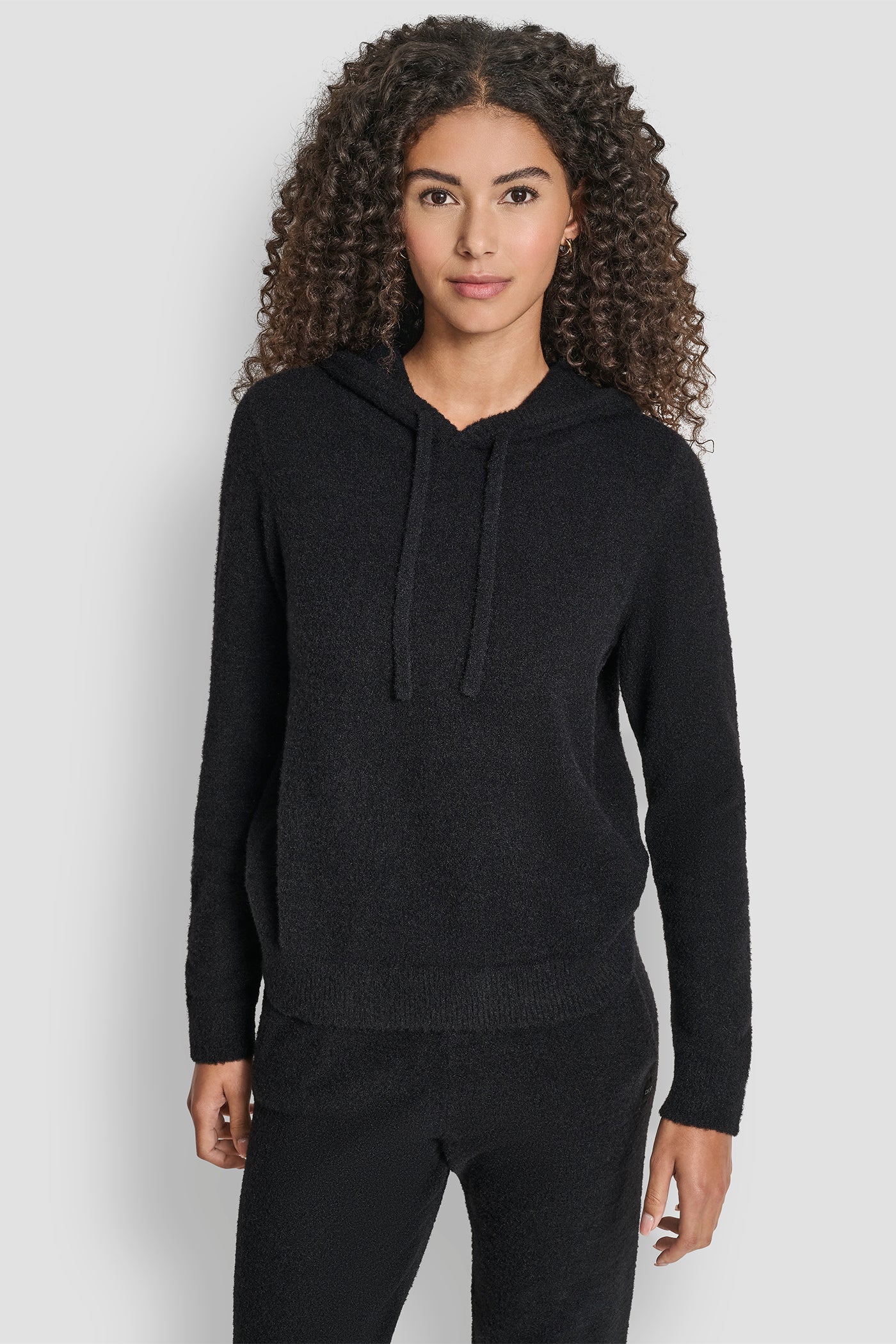 Black FEATHER YARN HOODIE WITH DRAWCORD AND TONAL LOGO, FRONT VIEW | DKNY Sport