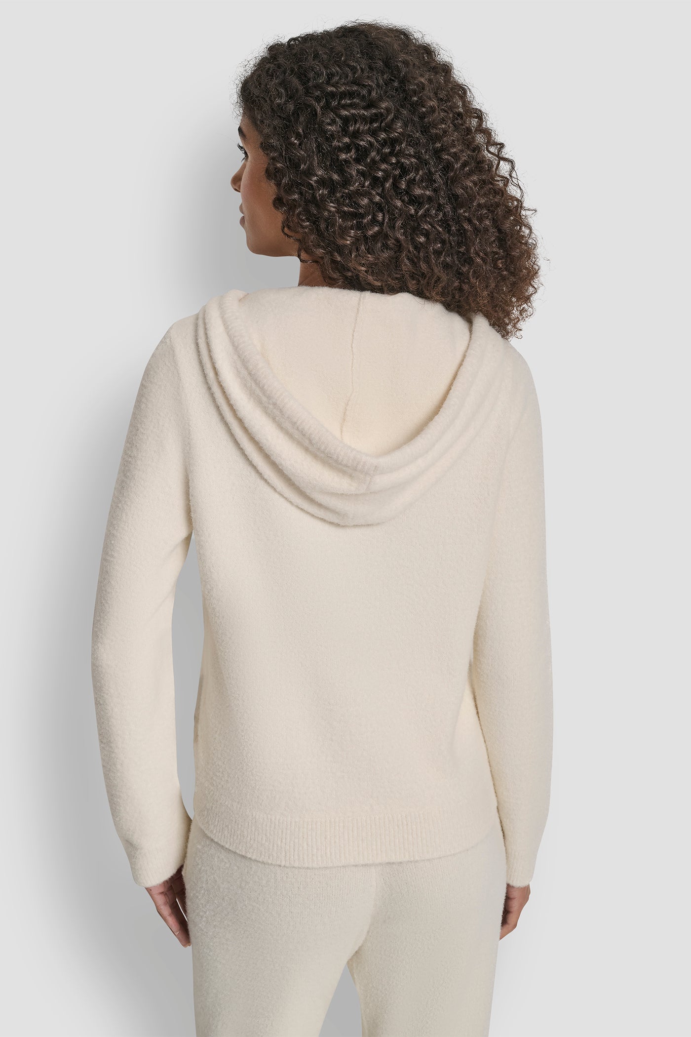 Beige FEATHER YARN HOODIE WITH DRAWCORD AND TONAL LOGO, BACK VIEW | DKNY Sport