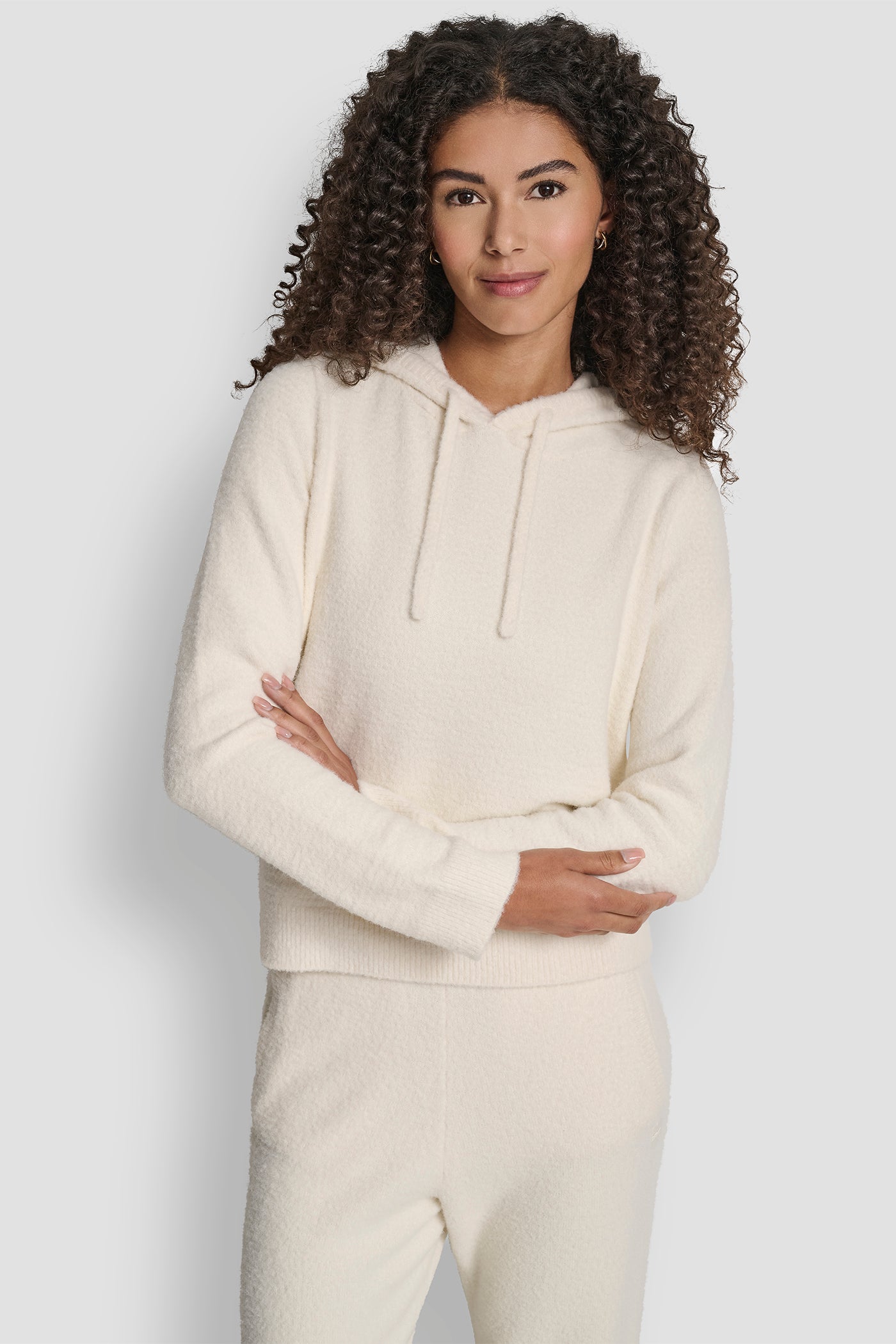 Beige FEATHER YARN HOODIE WITH DRAWCORD AND TONAL LOGO, FRONT VIEW | DKNY Sport