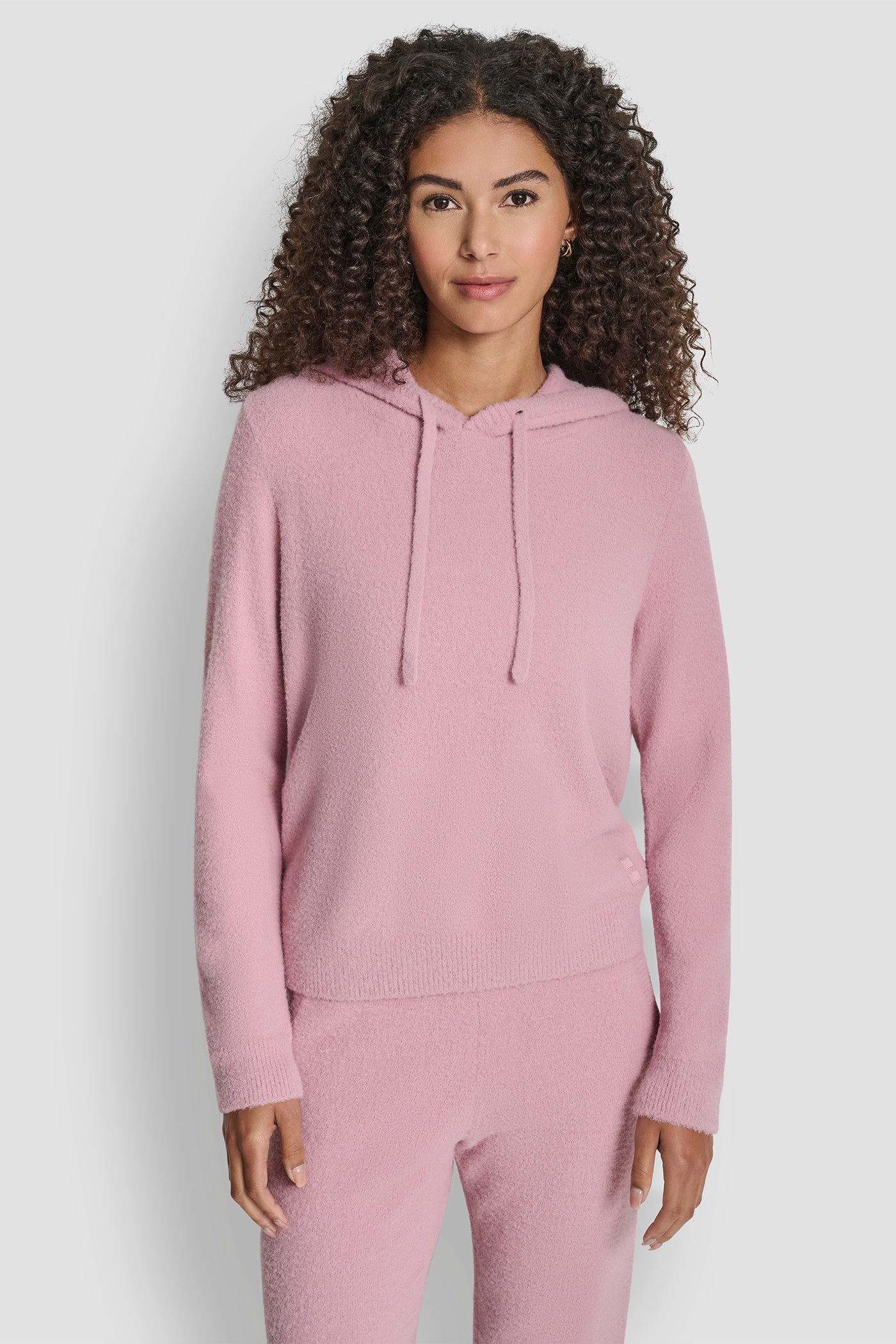 DUSTY MAUVE FEATHER YARN HOODIE WITH DRAWCORD AND TONAL LOGO, FRONT VIEW | DKNY Sport