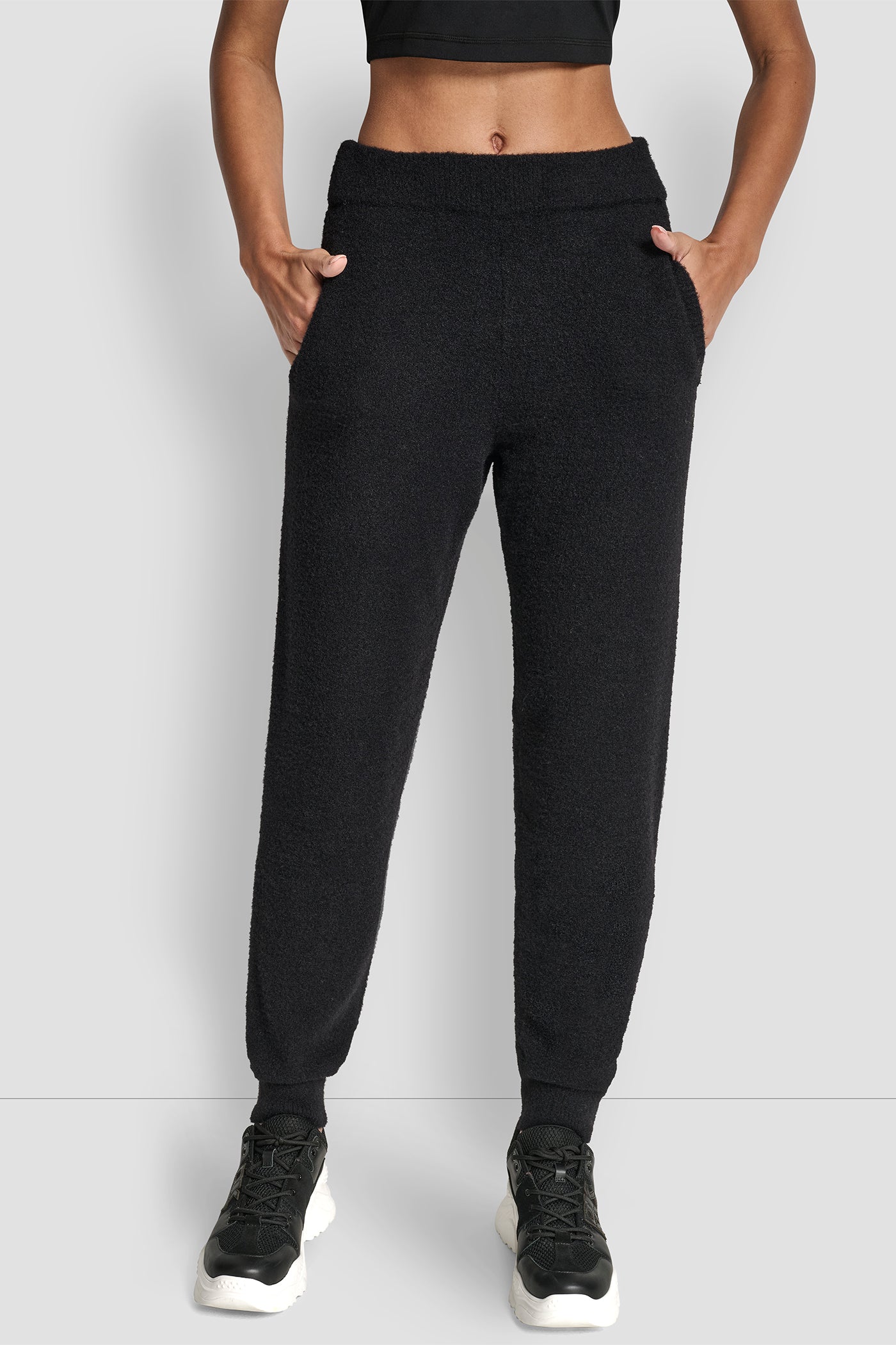 Black FEATHER YARN JOGGER WITH POCKETS AND TONAL LOGO, FRONT VIEW | DKNY Sport