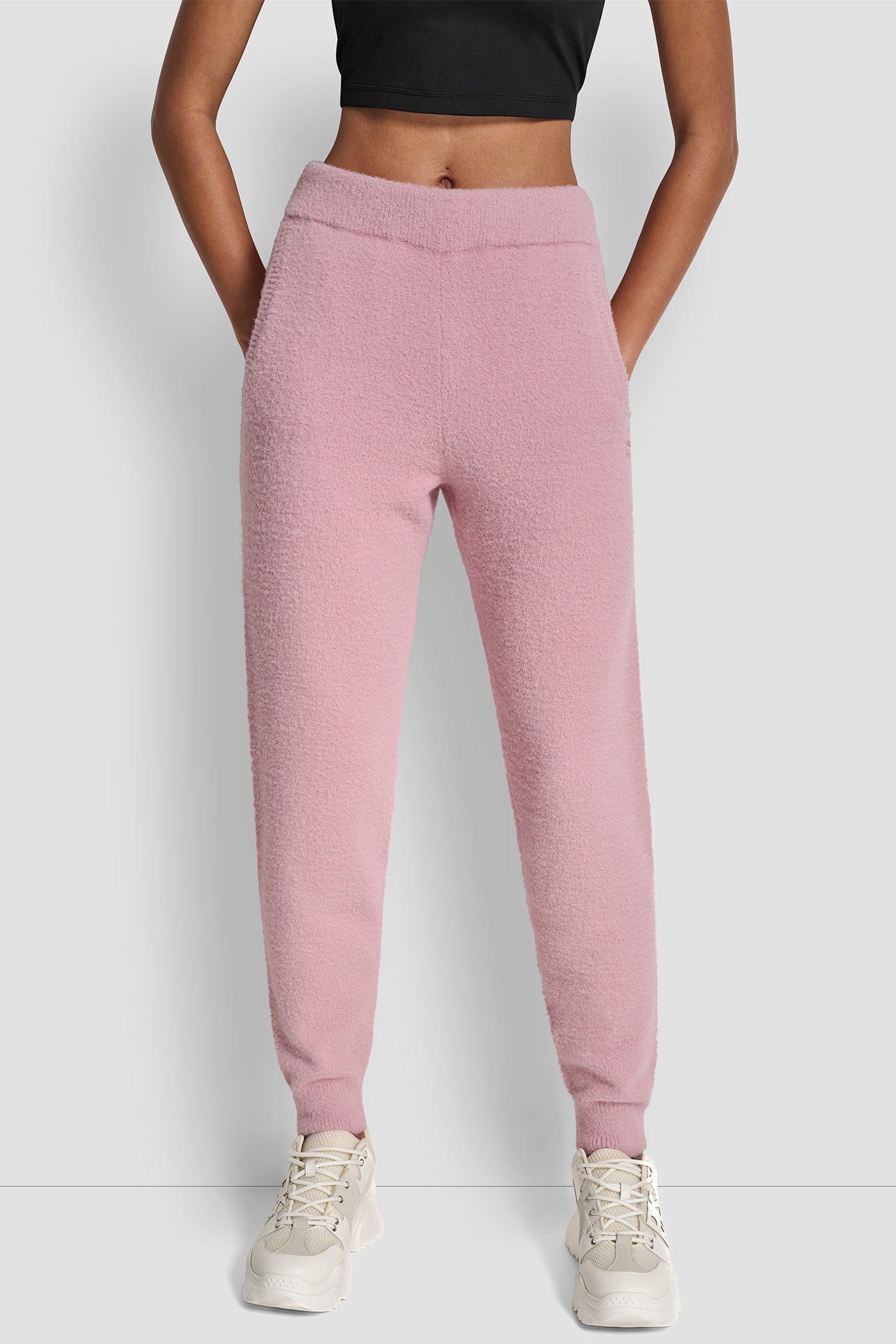 DUSTY MAUVE FEATHER YARN JOGGER WITH POCKETS AND TONAL LOGO, FRONT VIEW | DKNY Promo
