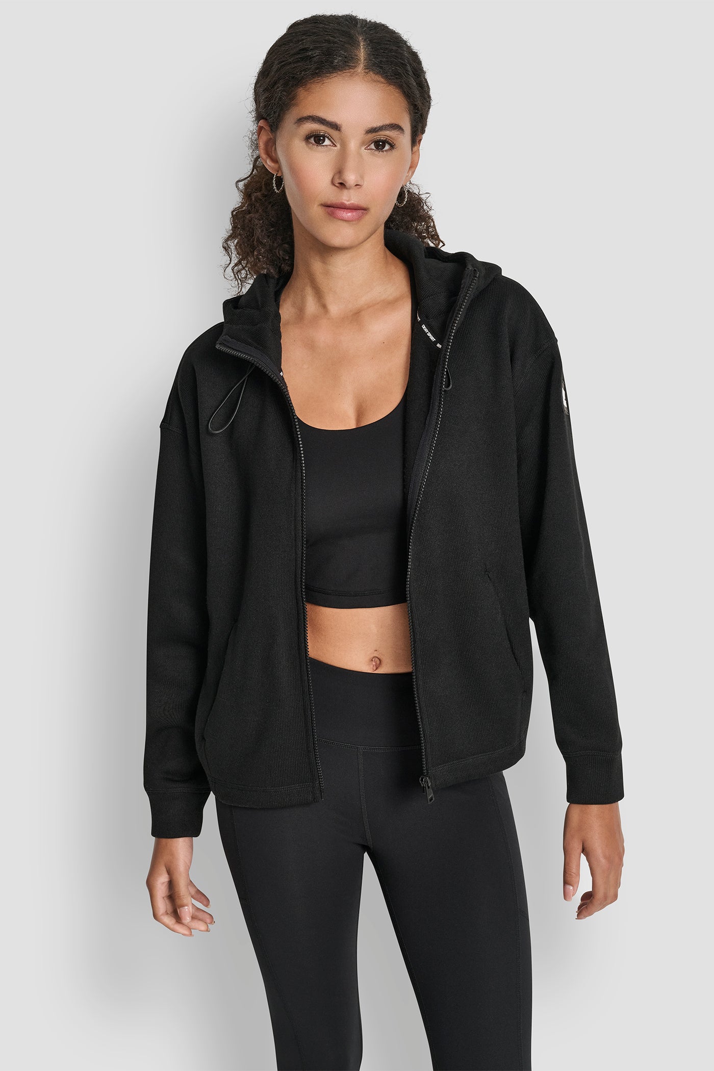 Black SWEATER FLEECE FULL ZIP HOODIE WITH BUNGEES, FRONT VIEW | DKNY Sport