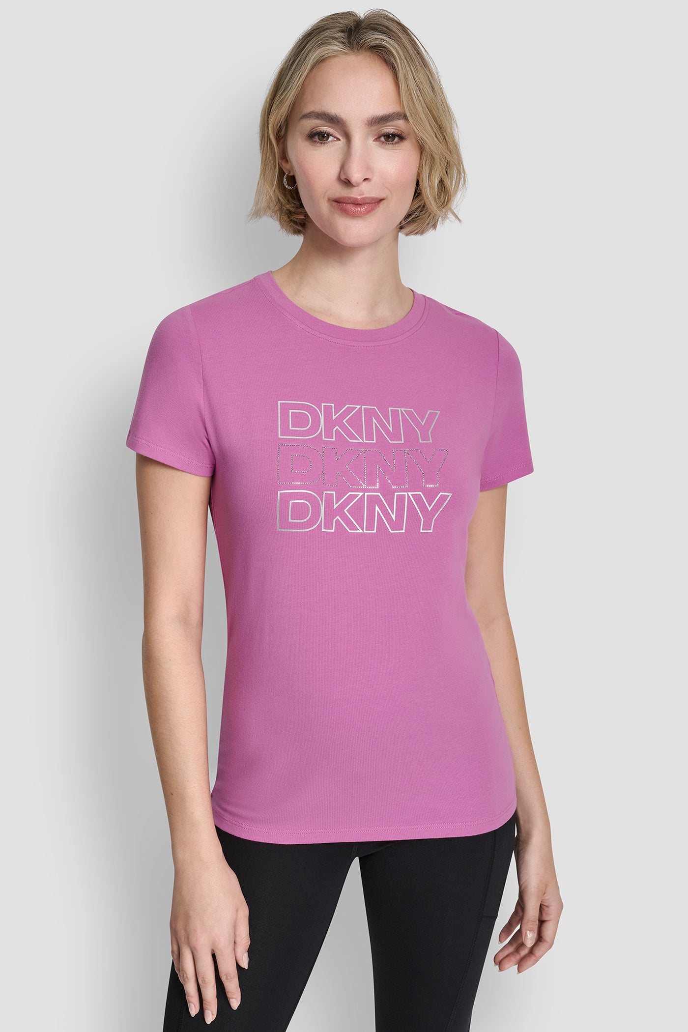 Pink TRIPLE RHINESTONE FOIL LOGO TEE, FRONT VIEW | Tees & Tanks