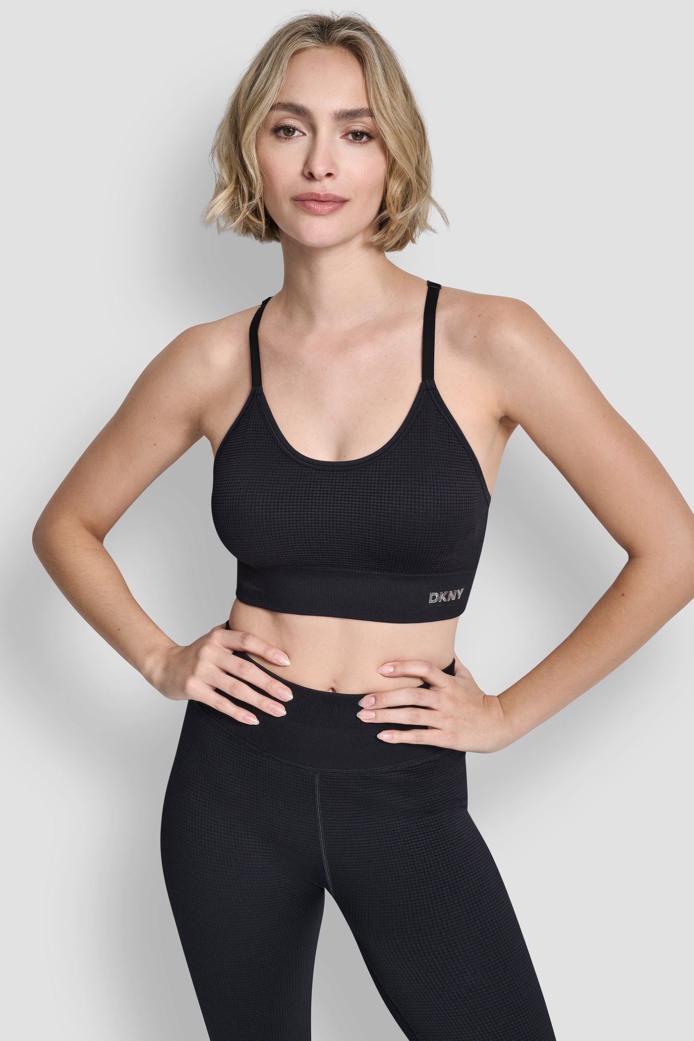 Black SEAMLESS RACERBACK BRA, FRONT VIEW | Clothing