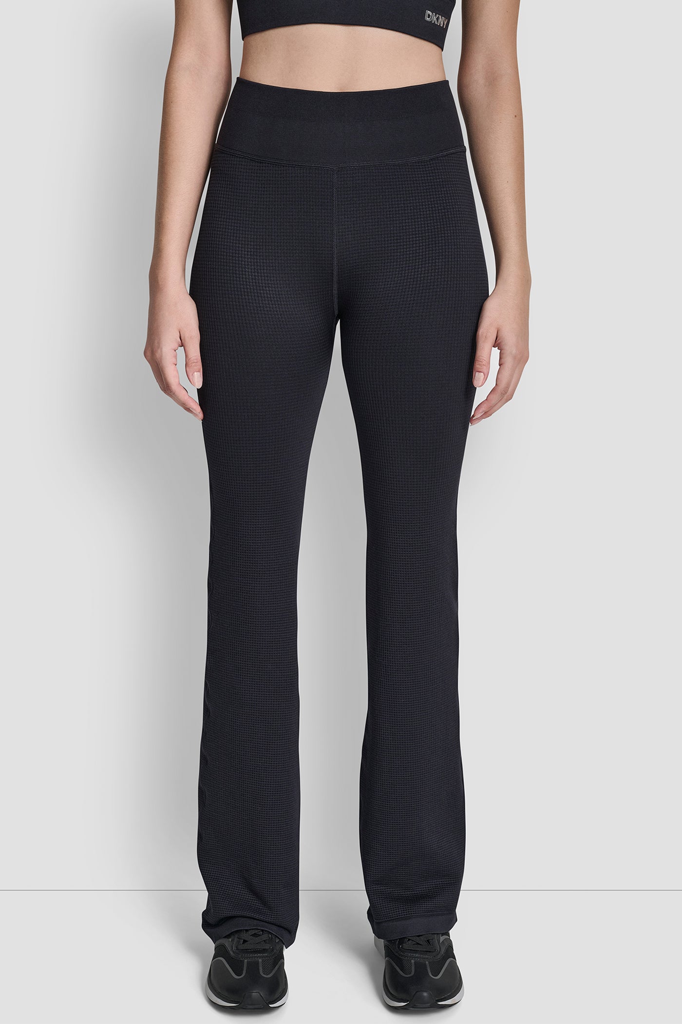 Black HIGH WAIST SEAMLESS FLARE PANT, FRONT VIEW | New clothing