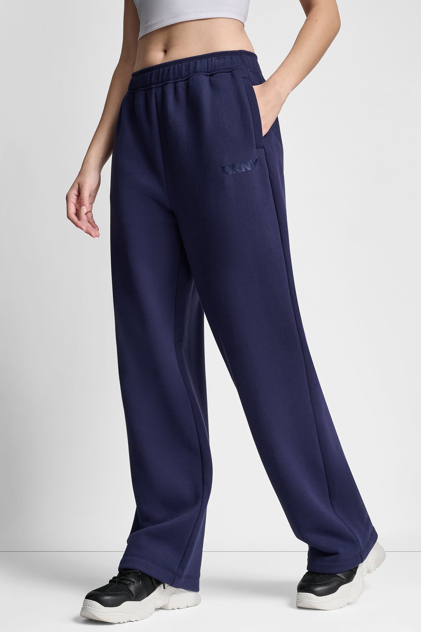 Peacoat SATIN LOGO TERRY BOYFRIEND PANT, VIEW 1 | Sport Essentials