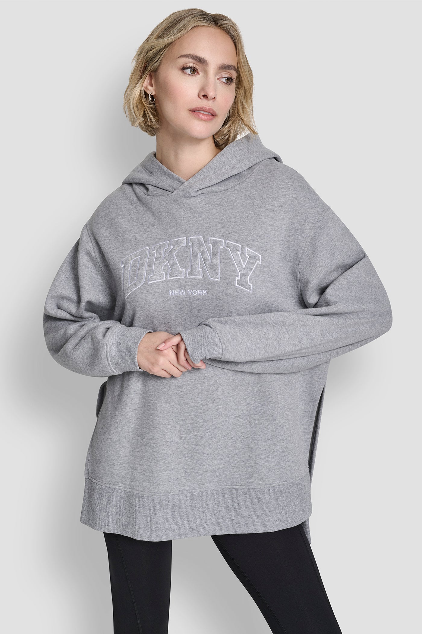 Pearl Heather Grey 3D VARSITY LOGO OVERSIZED TUNIC HOODIE, FRONT VIEW | Products