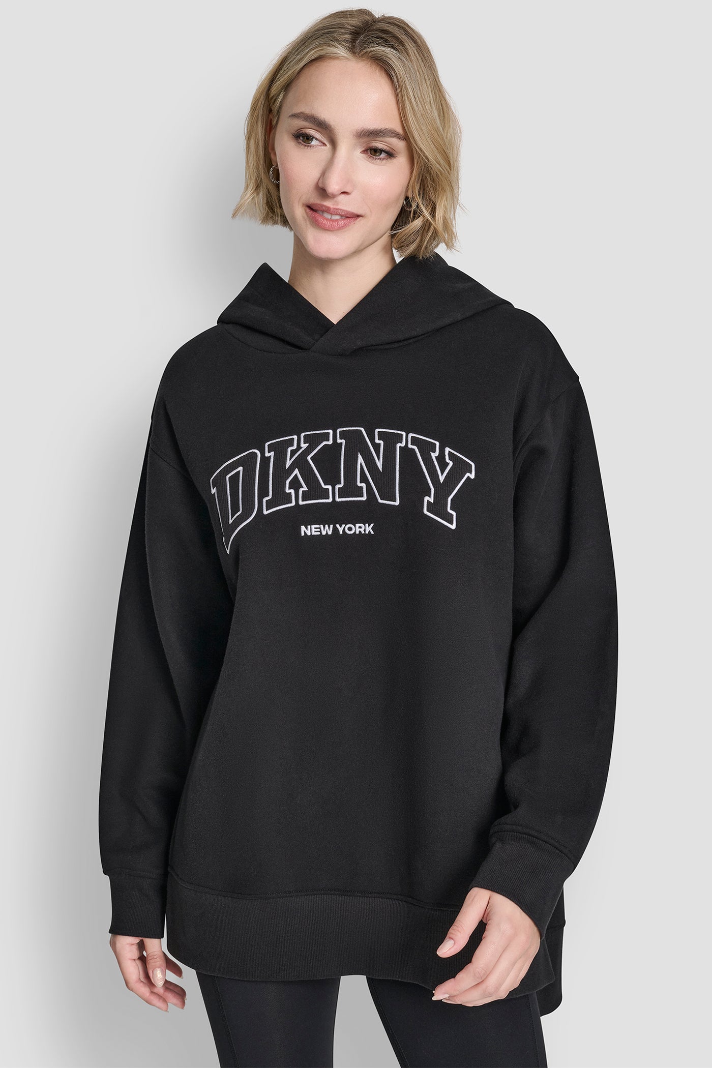Black 3D VARSITY LOGO OVERSIZED TUNIC HOODIE, FRONT VIEW | Products