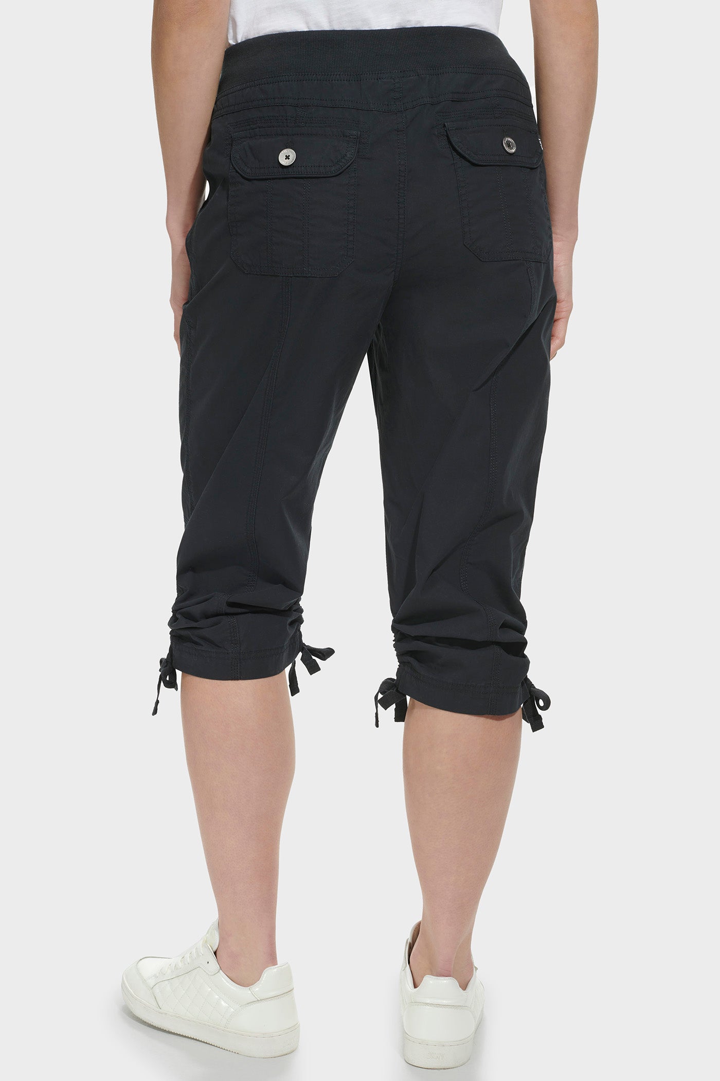 Black HIGH-RISE SHIRRED UTILITY CAPRI PANT, VIEW 2 | Pants & Denim