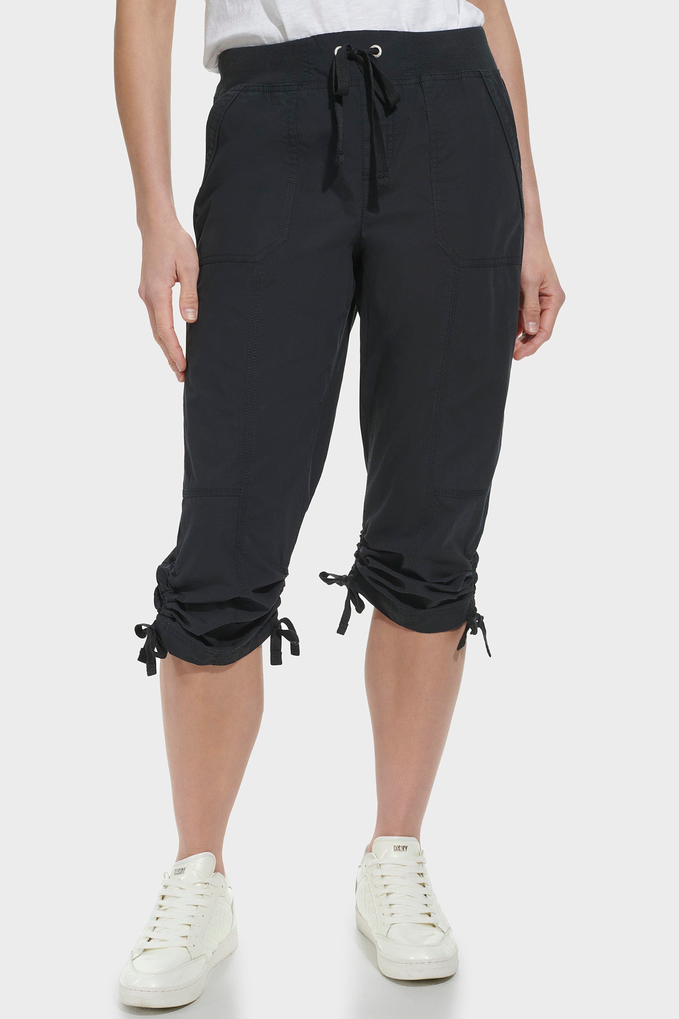 Black HIGH-RISE SHIRRED UTILITY CAPRI PANT, VIEW 1 | Pants & Denim