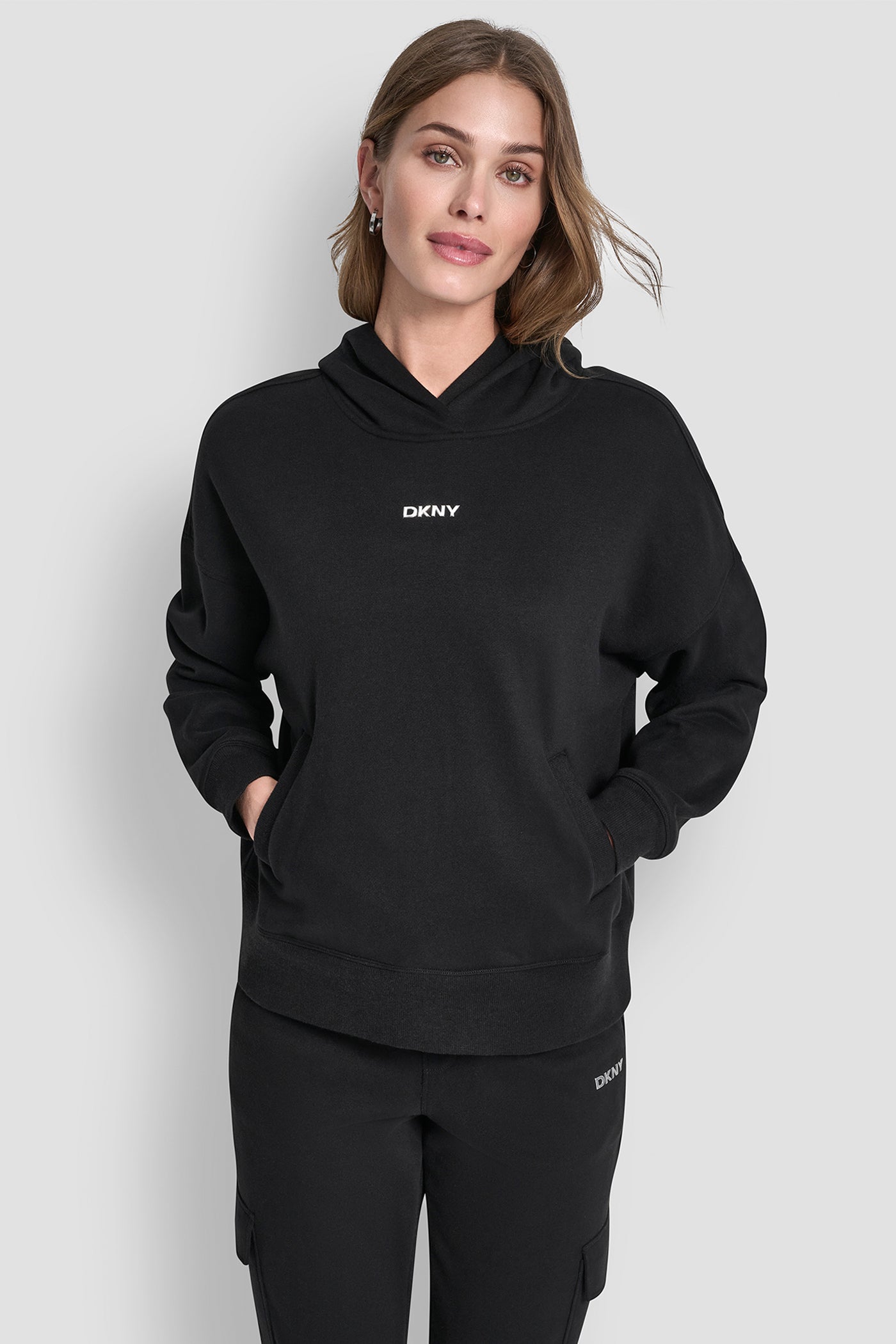 Black METALLIC BUBBLE LOGO FLEECE DROP SHOULDER HOODIE, FRONT VIEW | Gifts Under $50
