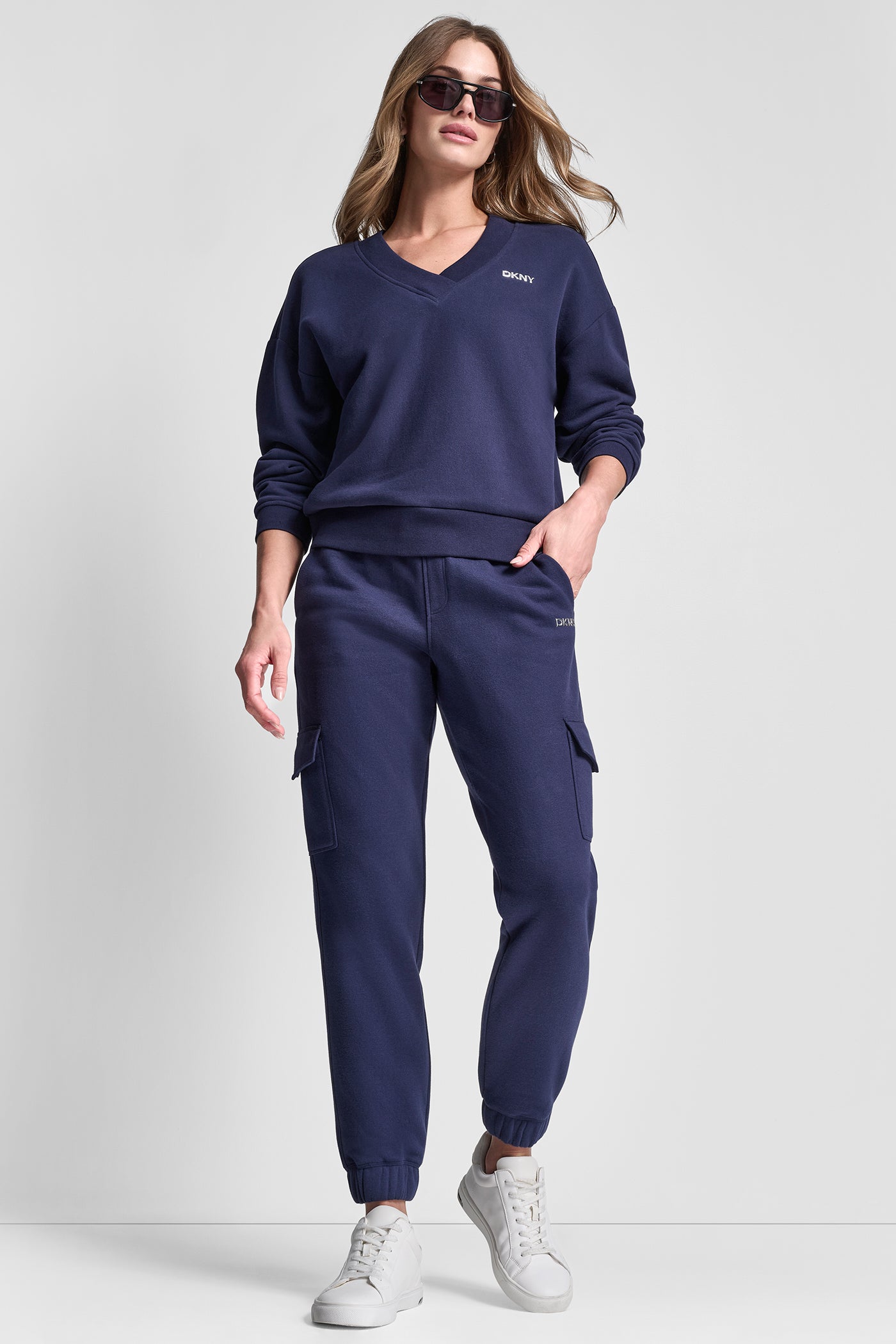 Metallic Bubble Logo V Neck Pullover | Sweatshirt | DKNY