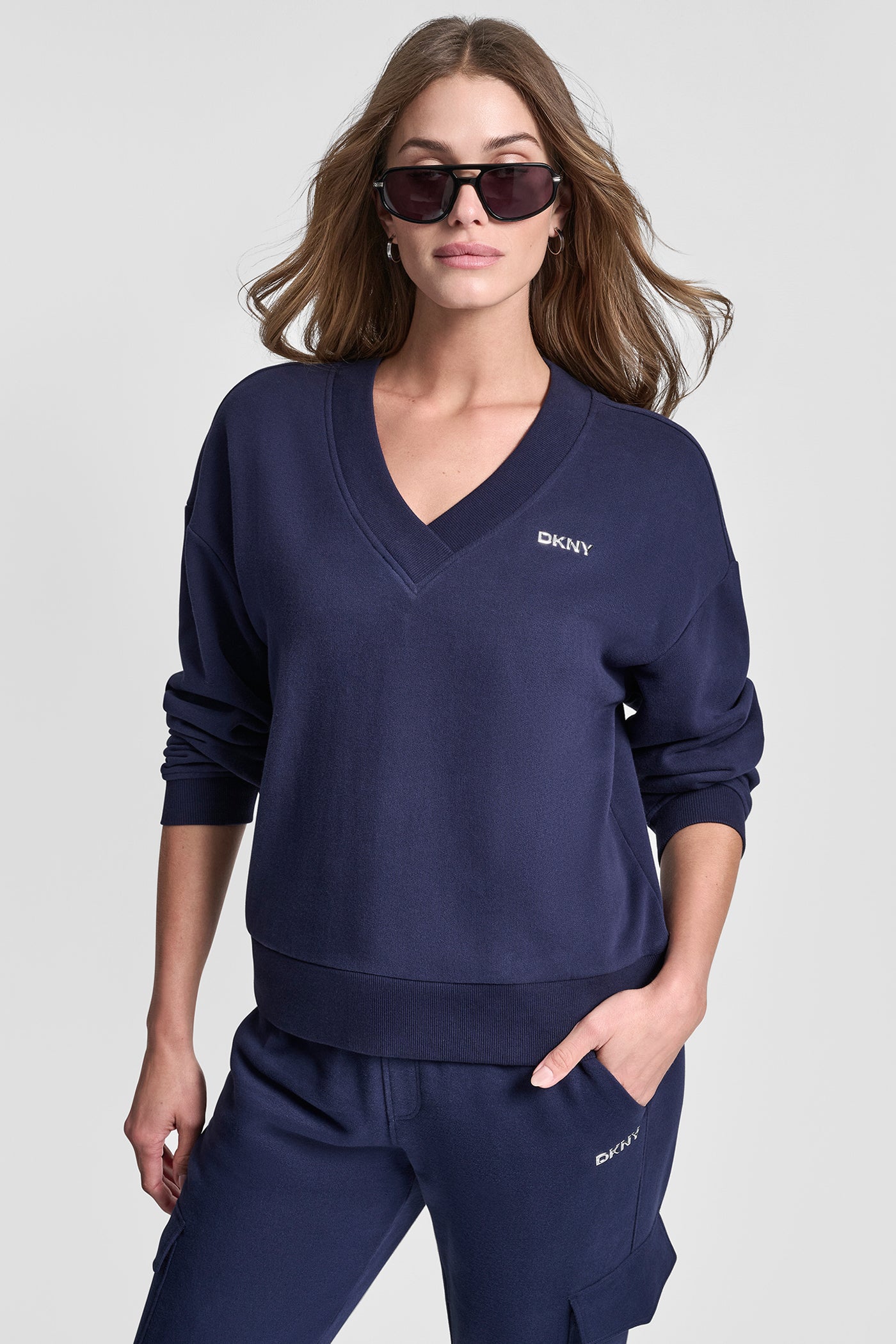 Metallic Bubble Logo V Neck Pullover | Sweatshirt | DKNY