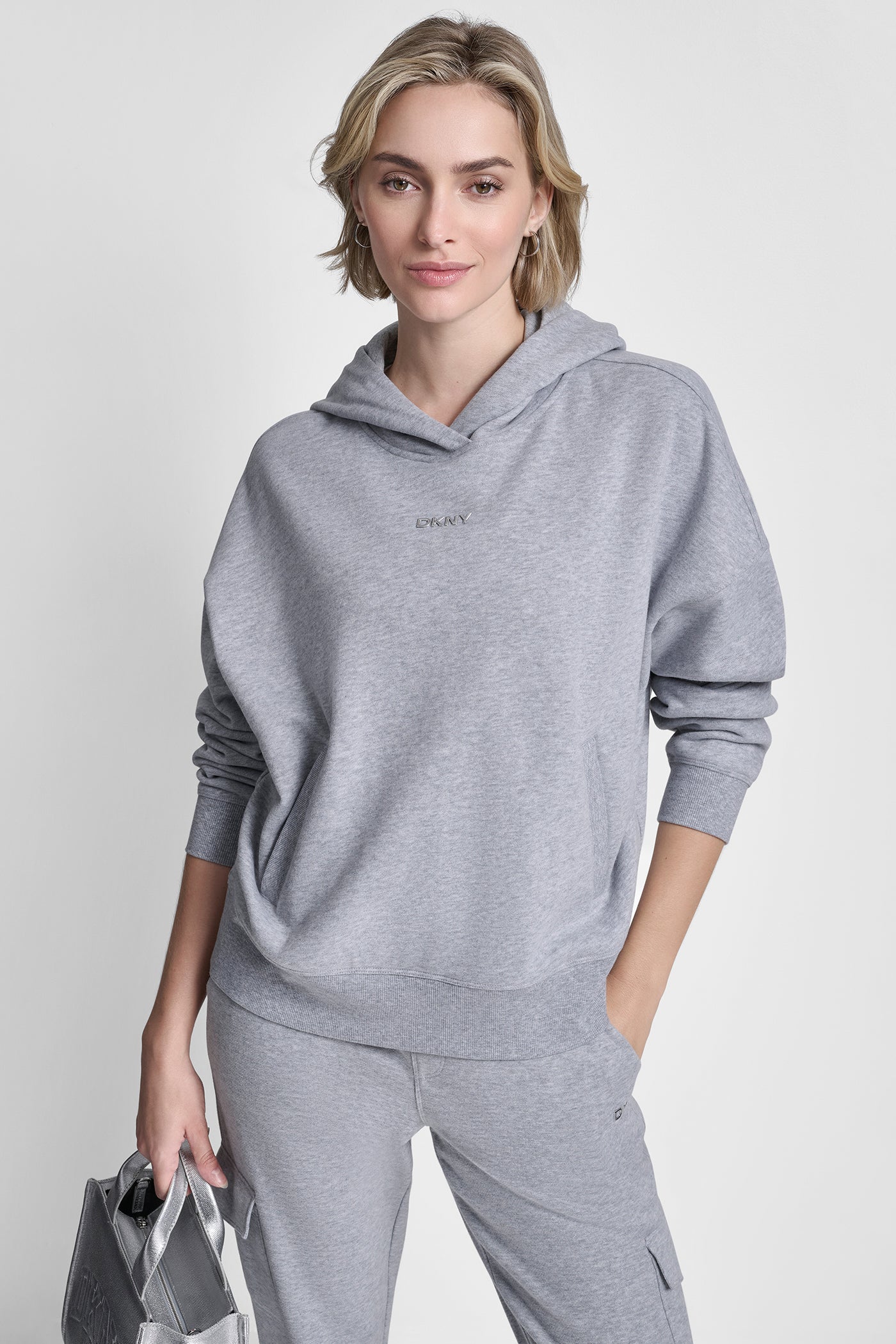 Pearl Grey Heather METALLIC BUBBLE LOGO FLEECE DROP SHOULDER HOODIE, VIEW 1 | Gifts Under $50