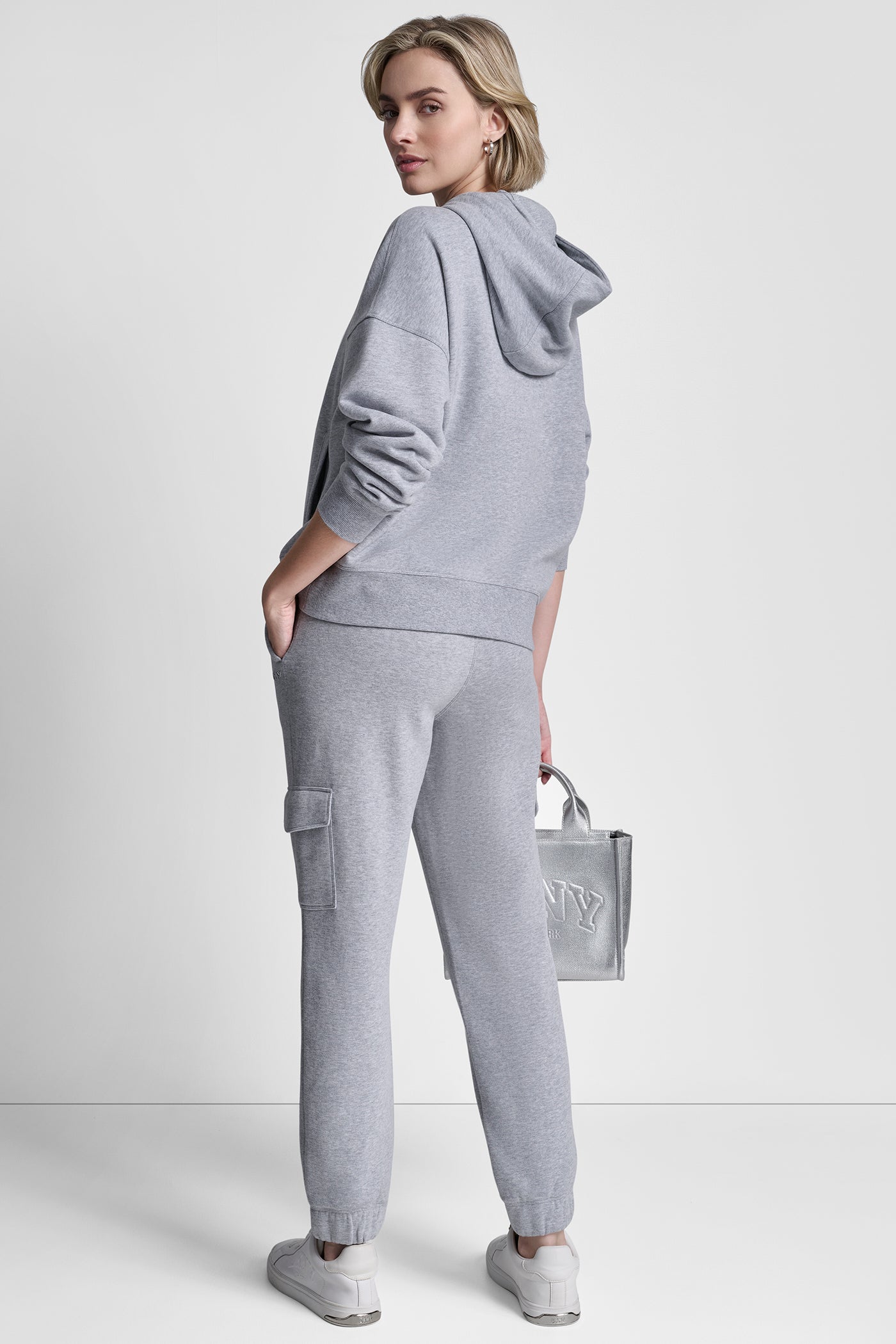 Pearl Grey Heather METALLIC BUBBLE LOGO FLEECE DROP SHOULDER HOODIE, VIEW 2 | Gifts Under $50