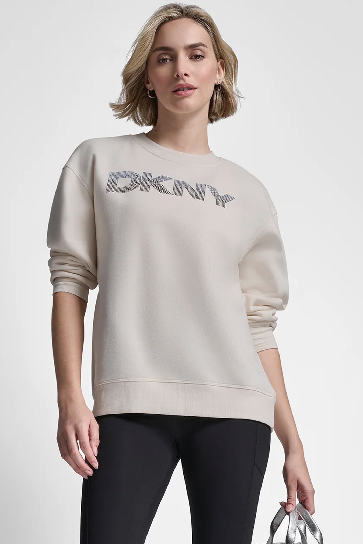 Beige OMBRE RHINESTONE LOGO CREW NECK PULLOVER, VIEW 1 | Gifts Under $50