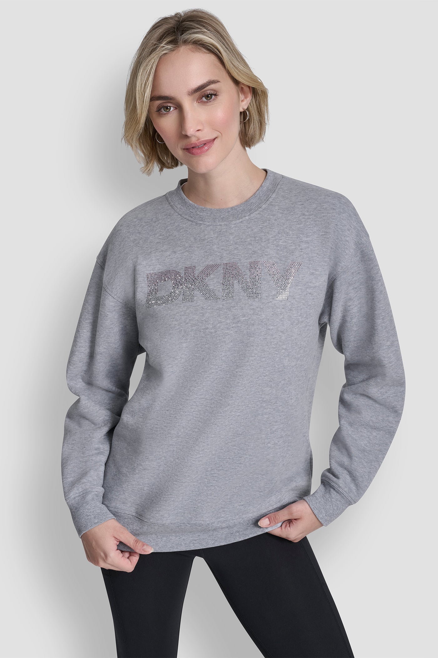 Pearl Grey Heather OMBRE RHINESTONE LOGO CREW NECK PULLOVER, FRONT VIEW | SALE