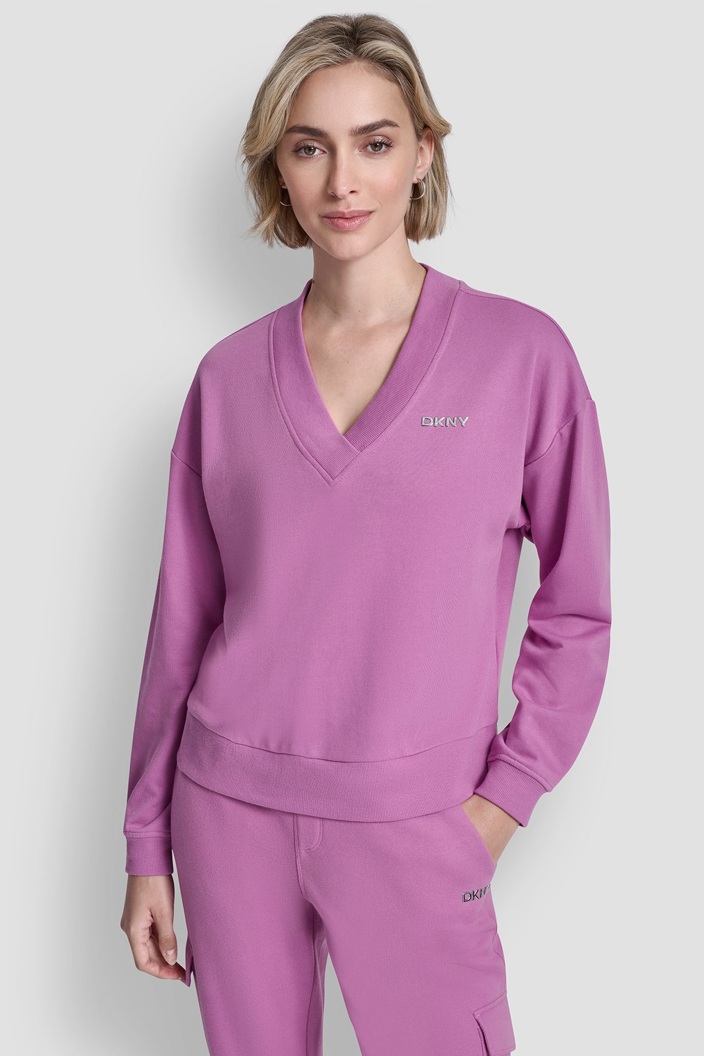 Dusty Orchid METALLIC BUBBLE LOGO V-NECK PULLOVER, FRONT VIEW | SALE