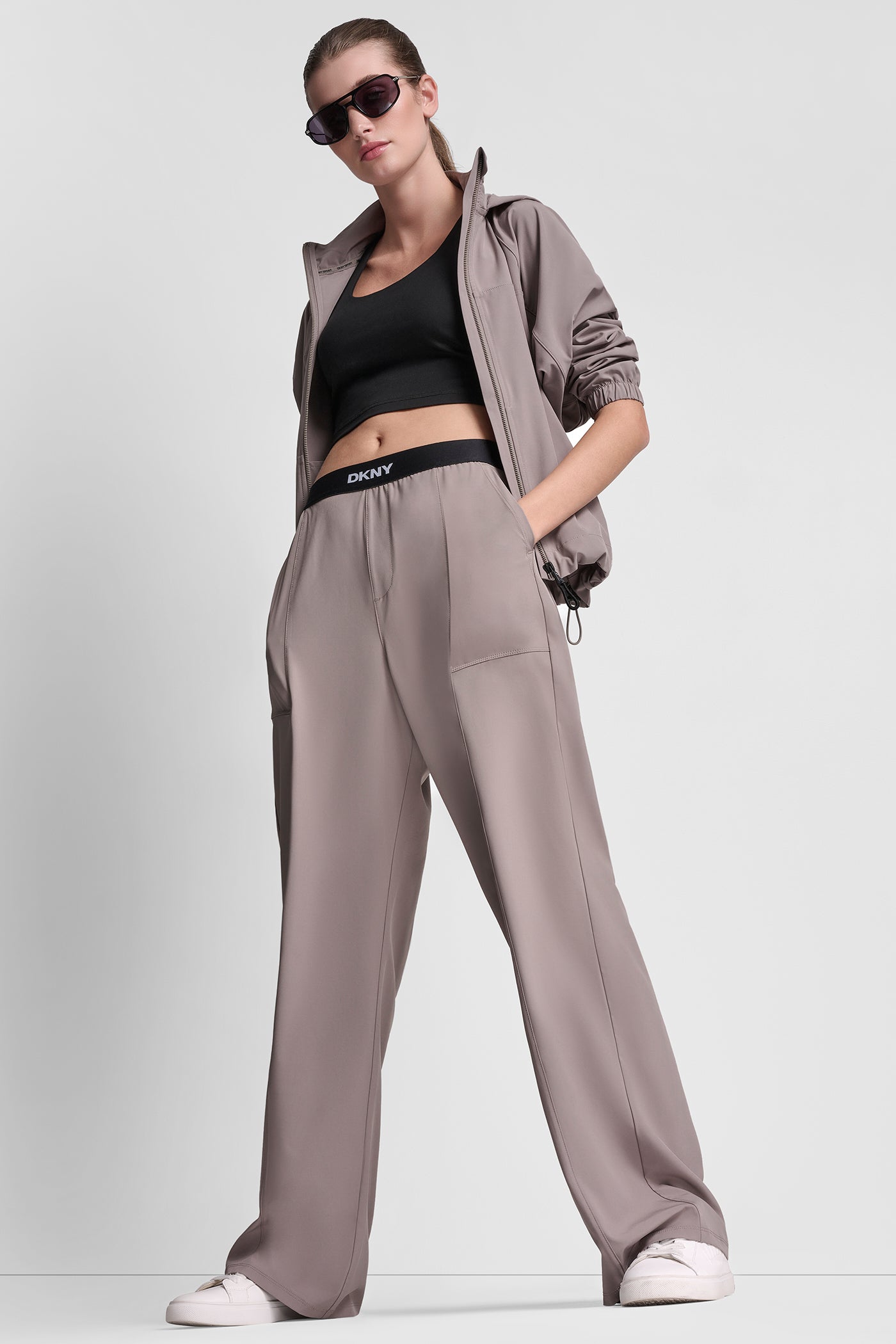 Mushroom HIGH RISE WIDE LEG PANT WITH LOGO WAISTBAND, VIEW 1 | All Products