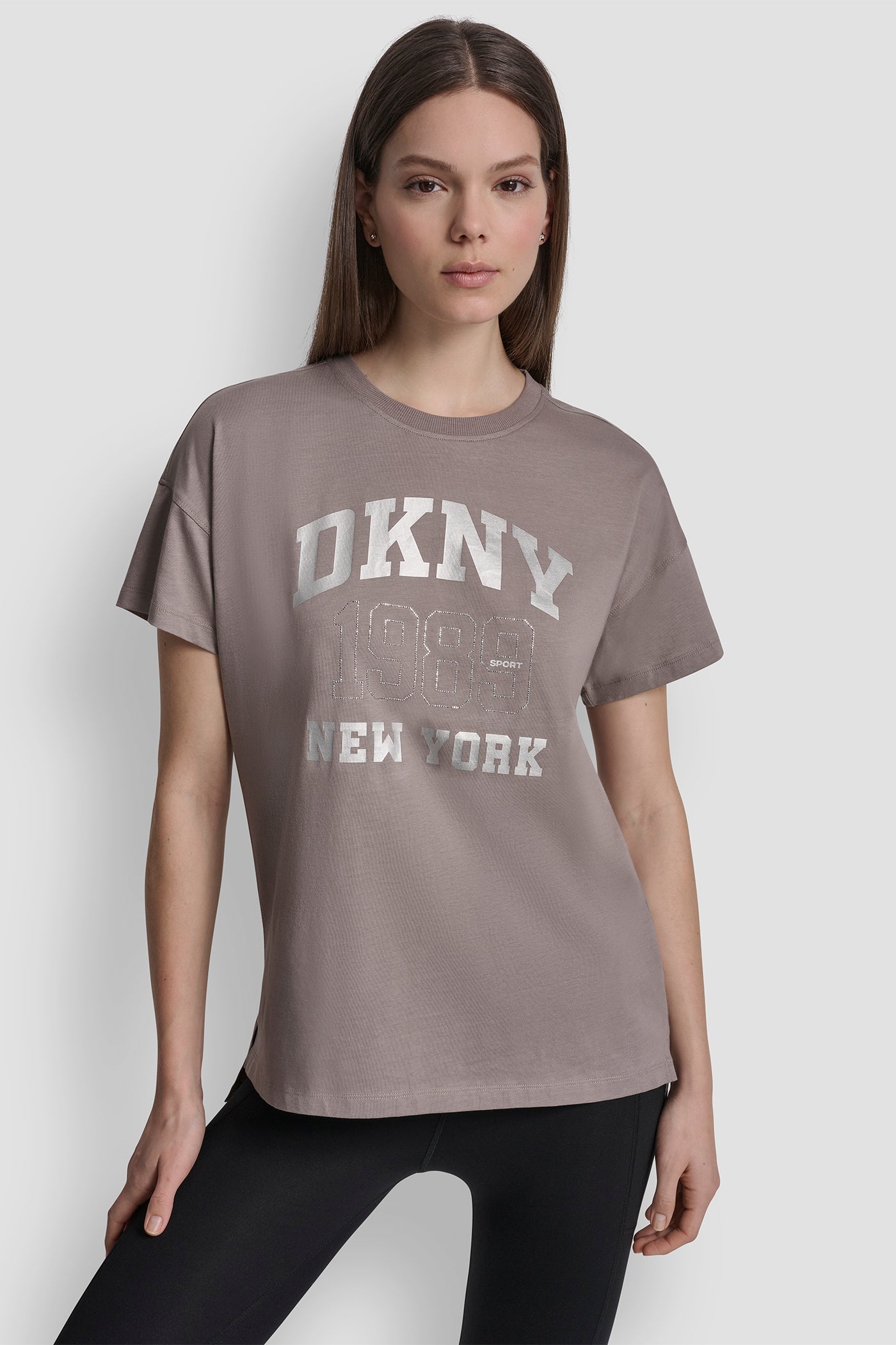 Mushroom DKNY NY 1989 LOGO RHINESTUD LOGO TEE, FRONT VIEW | All Products