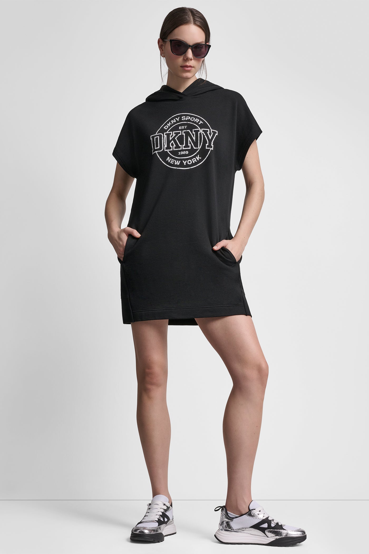 Black COTTON-BLEND LOGO MINI HOODIE DRESS, VIEW 1 | Clothing