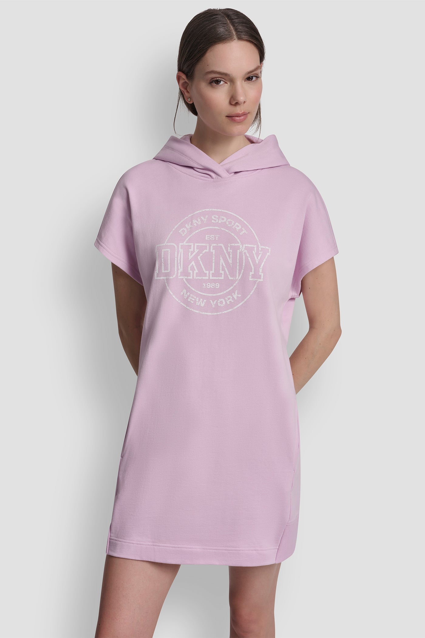 Pink Lavender COTTON-BLEND LOGO MINI HOODIE DRESS, VIEW 2 | Clothing