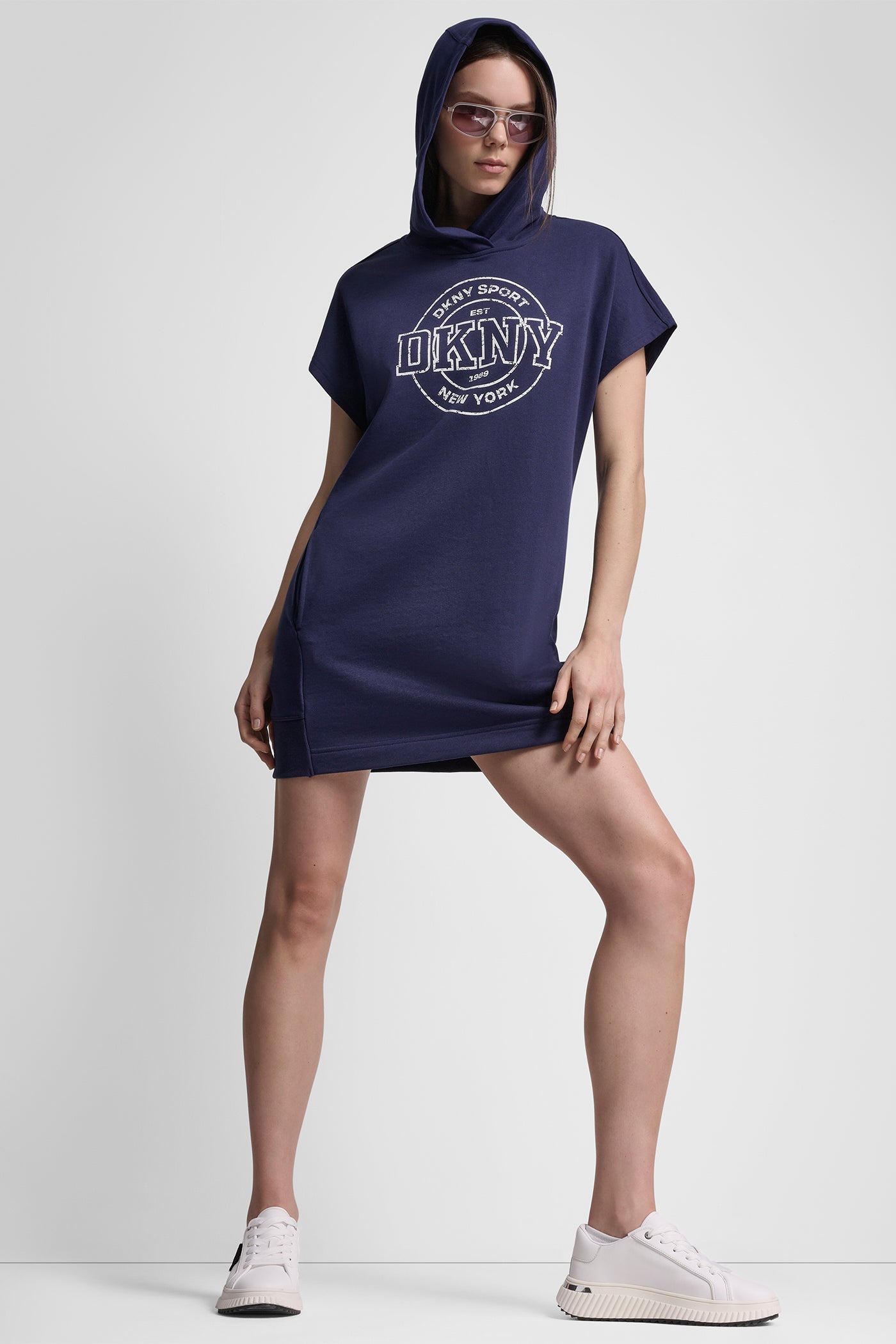 Peacoat COLLEGIATE MEDALLION LOGO MINI HOODIE DRESS, VIEW 1 | SELECT STYLES