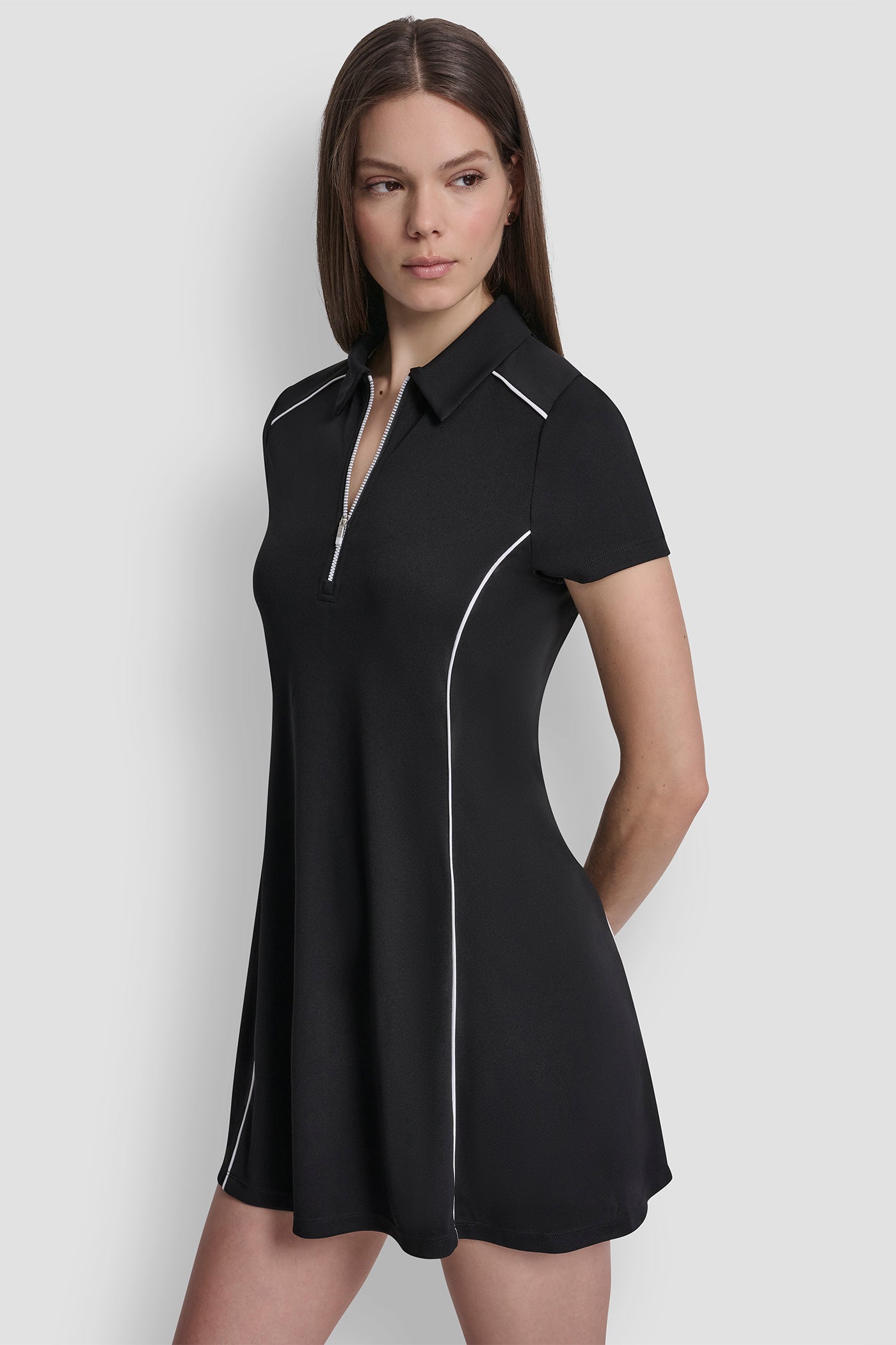 Black/White HALF-ZIP POLO DRESS WITH CONTRAST PIPING, VIEW 2 | Dresses & Jumpsuits