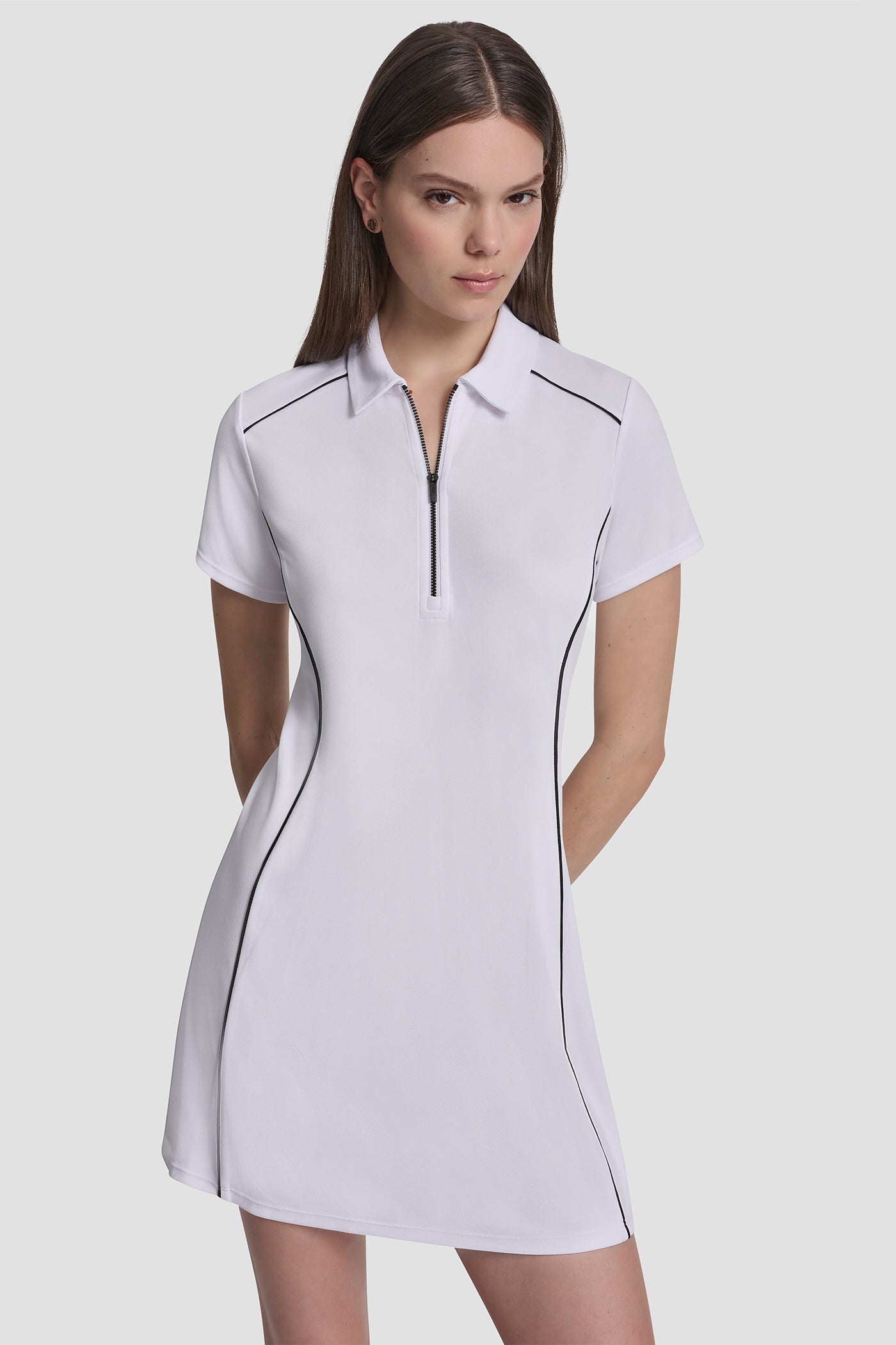 White/Black HALF-ZIP POLO DRESS WITH CONTRAST PIPING, FRONT VIEW | Dresses & Jumpsuits