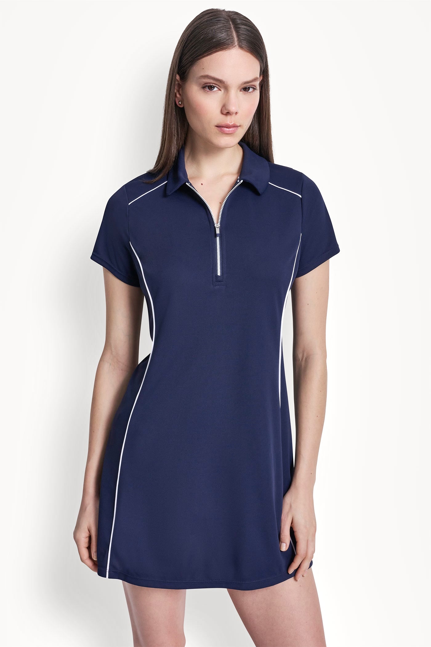 Peacoat HALF-ZIP POLO DRESS WITH CONTRAST PIPING, VIEW 1 | Dresses & Jumpsuits