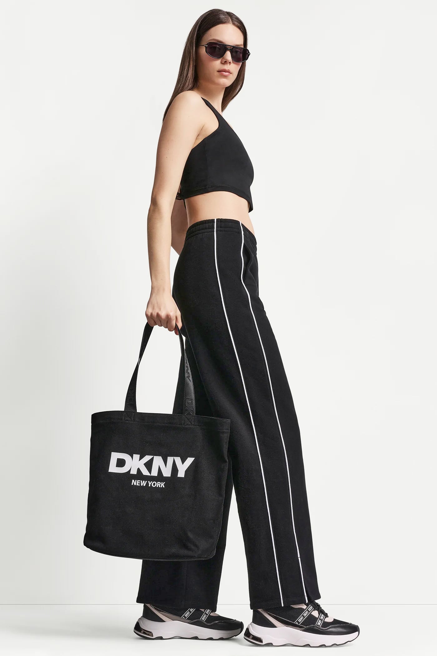 Black/White HIGH-RISE PIPED TRACK PANTS, VIEW 1 | MUST-HAVES