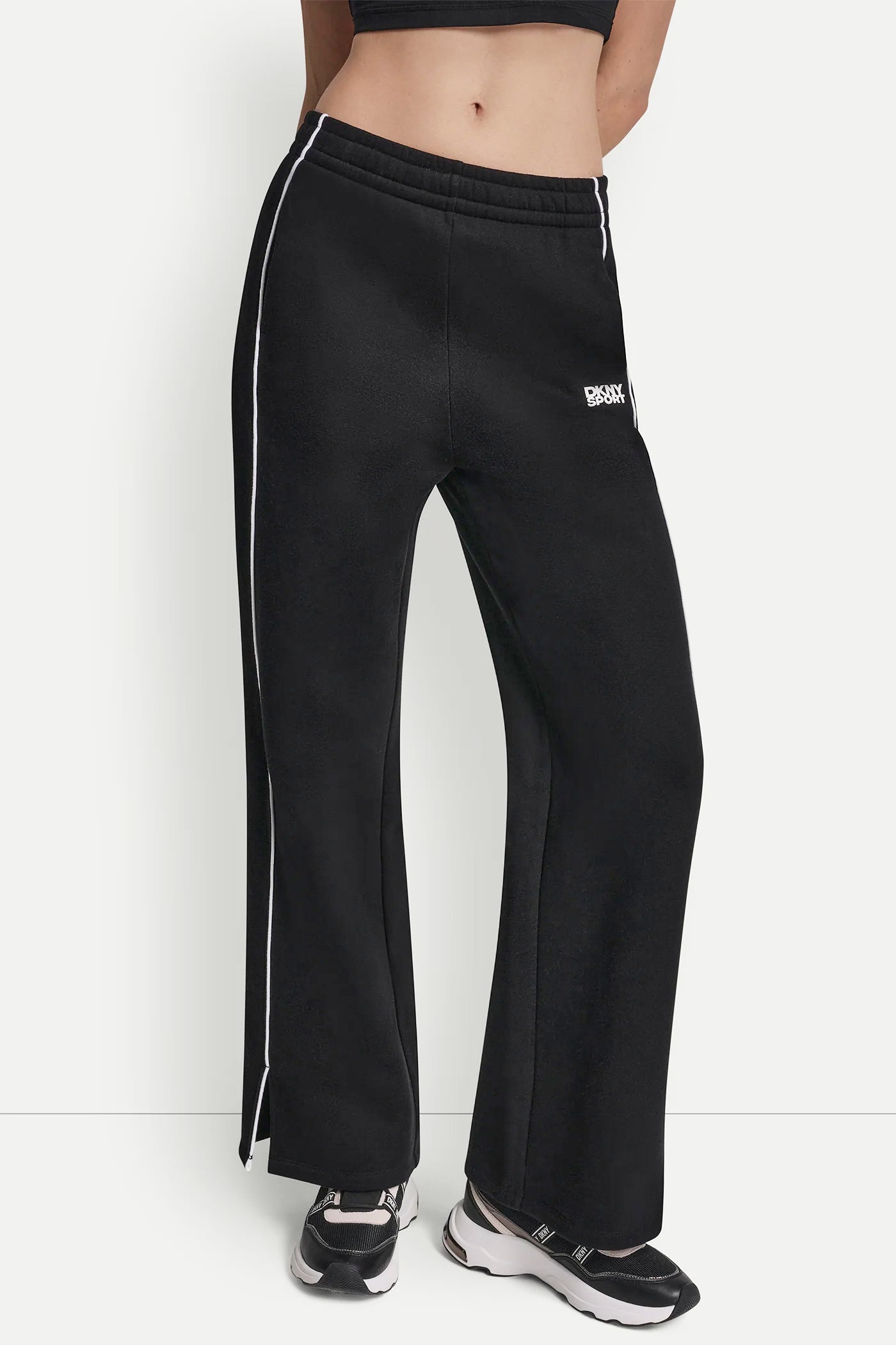 Black/White HIGH-RISE PIPED TRACK PANTS, VIEW 2 | MUST-HAVES