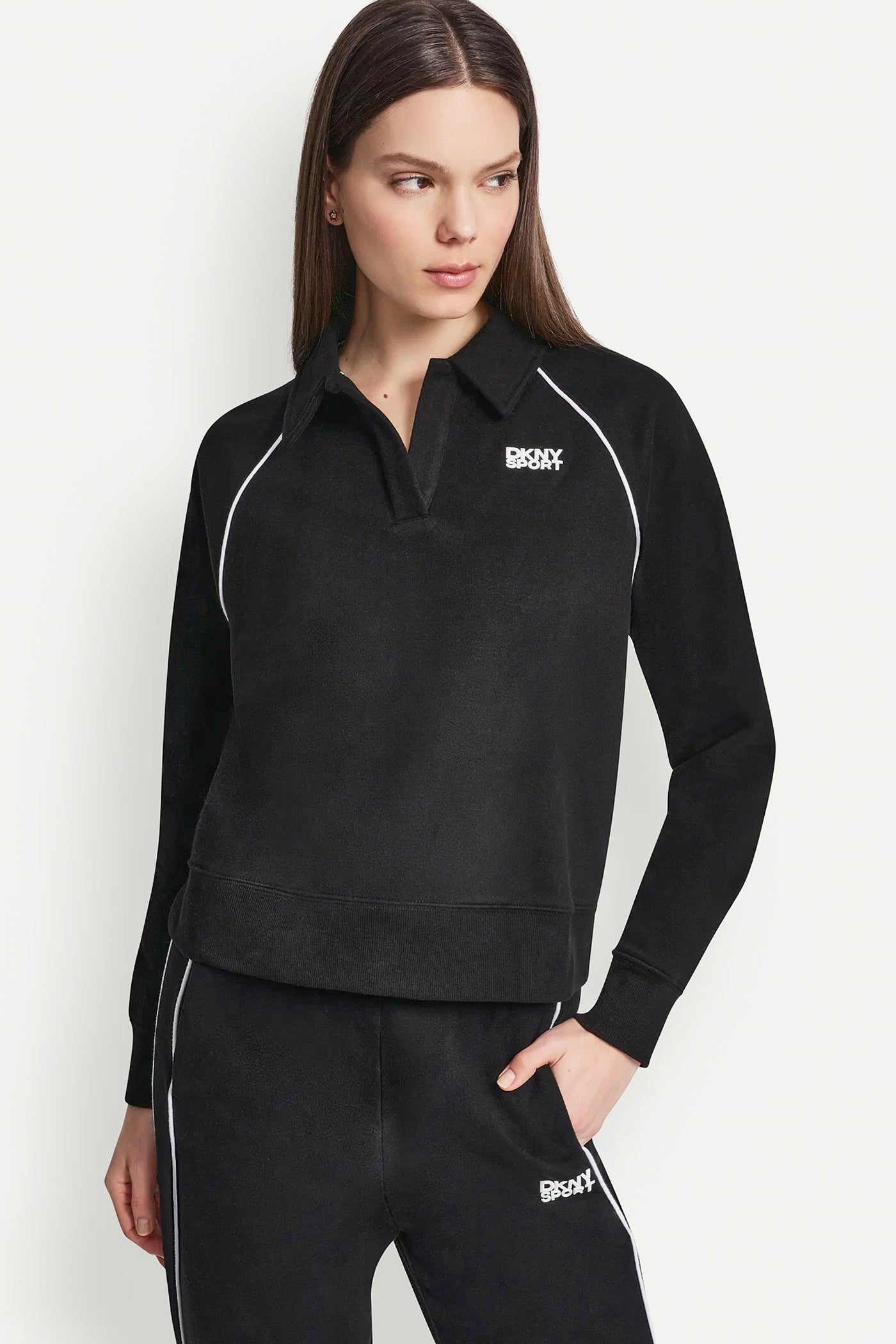 Black/White PIPED LOGO POLO SWEATSHIRT, VIEW 2 | MUST-HAVES