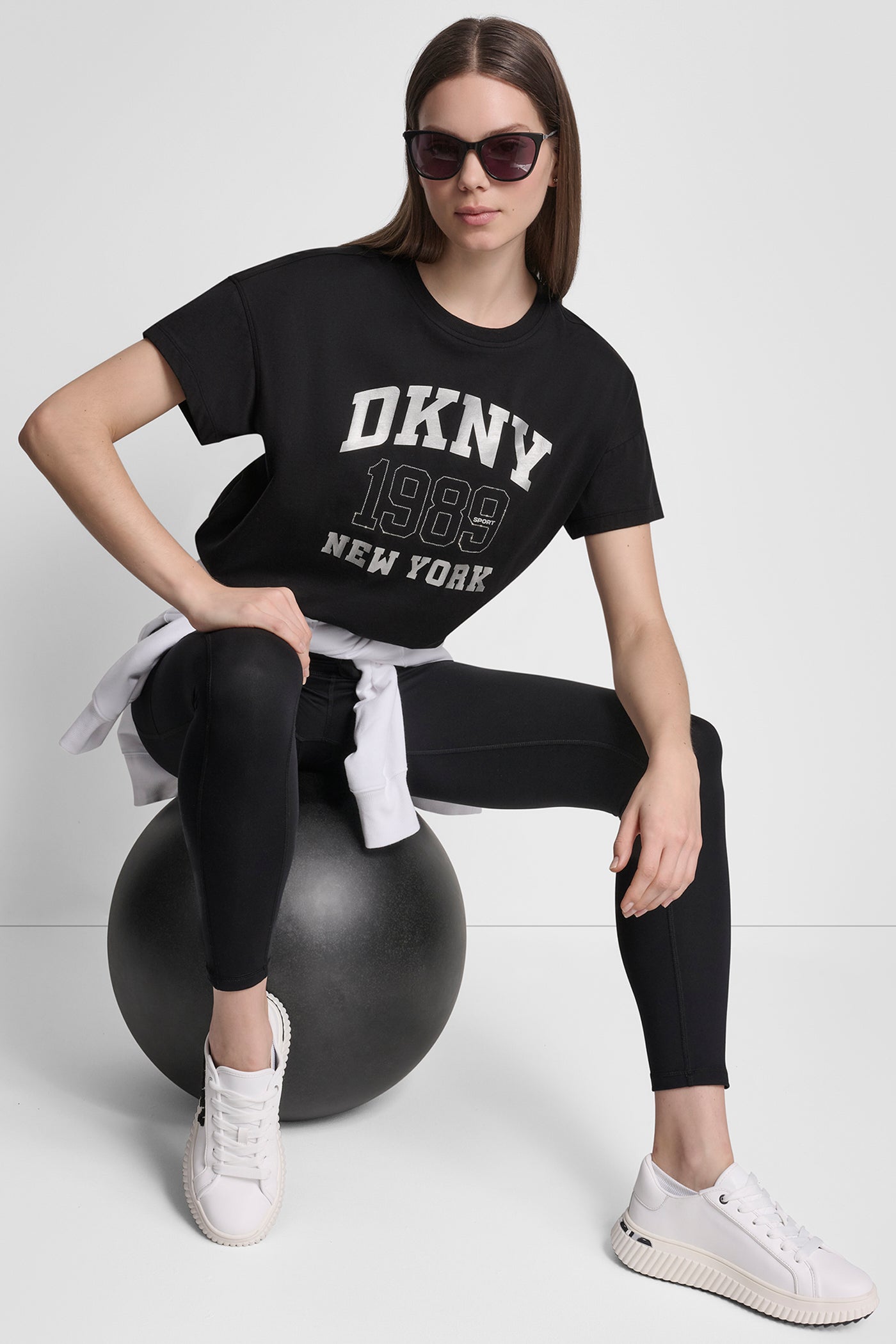 Black DKNY NY 1989 LOGO RHINESTUD LOGO TEE, VIEW 1 | All Products