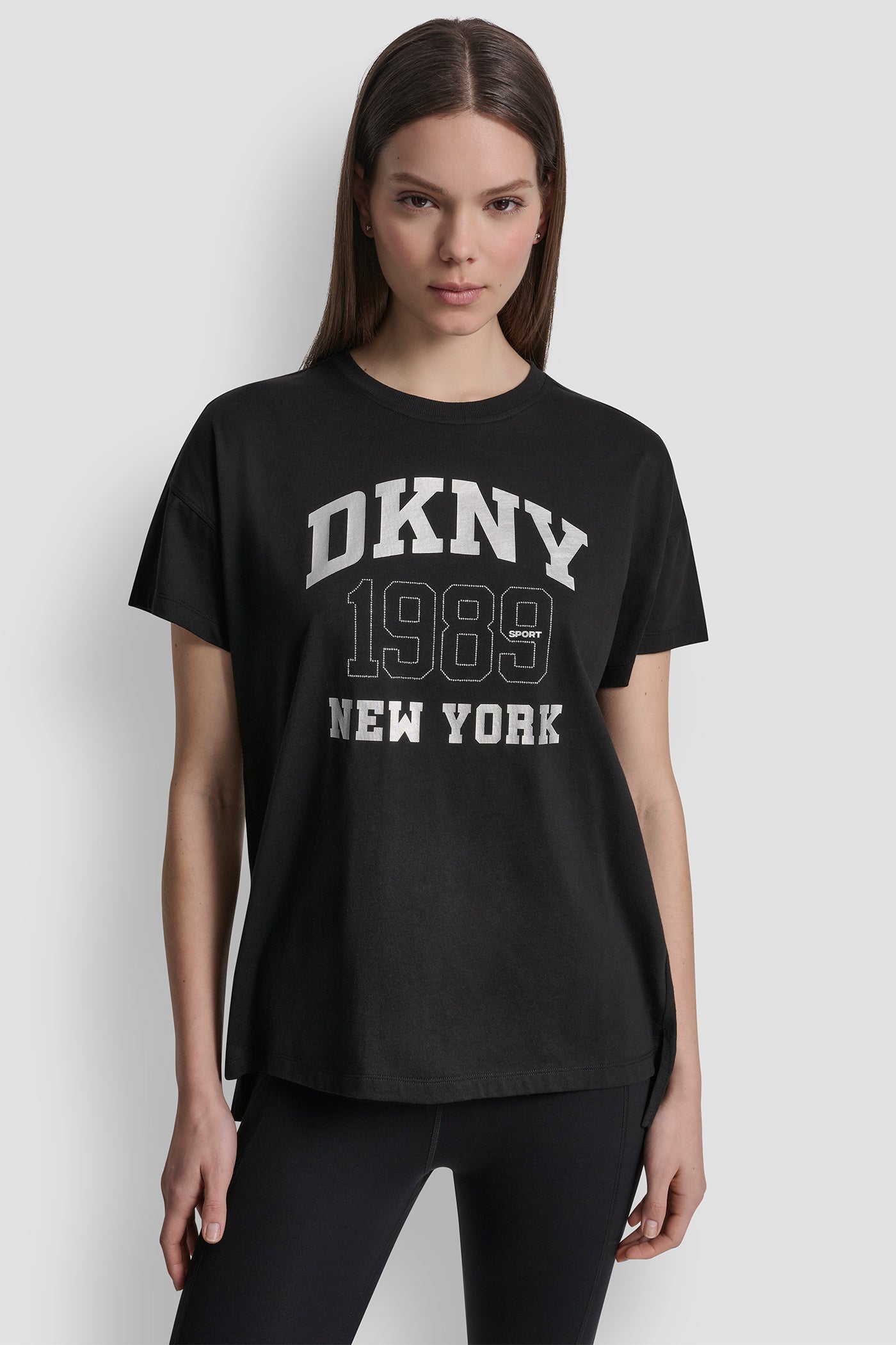 Black DKNY NY 1989 LOGO RHINESTUD LOGO TEE, VIEW 2 | All Products