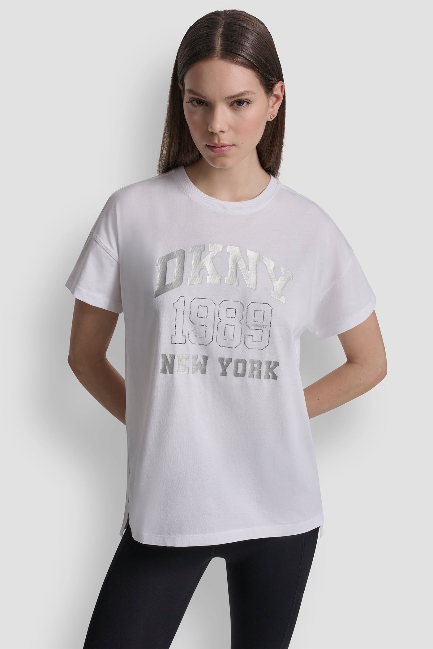 White DKNY NY 1989 LOGO RHINESTUD LOGO TEE, VIEW 2 | All Products
