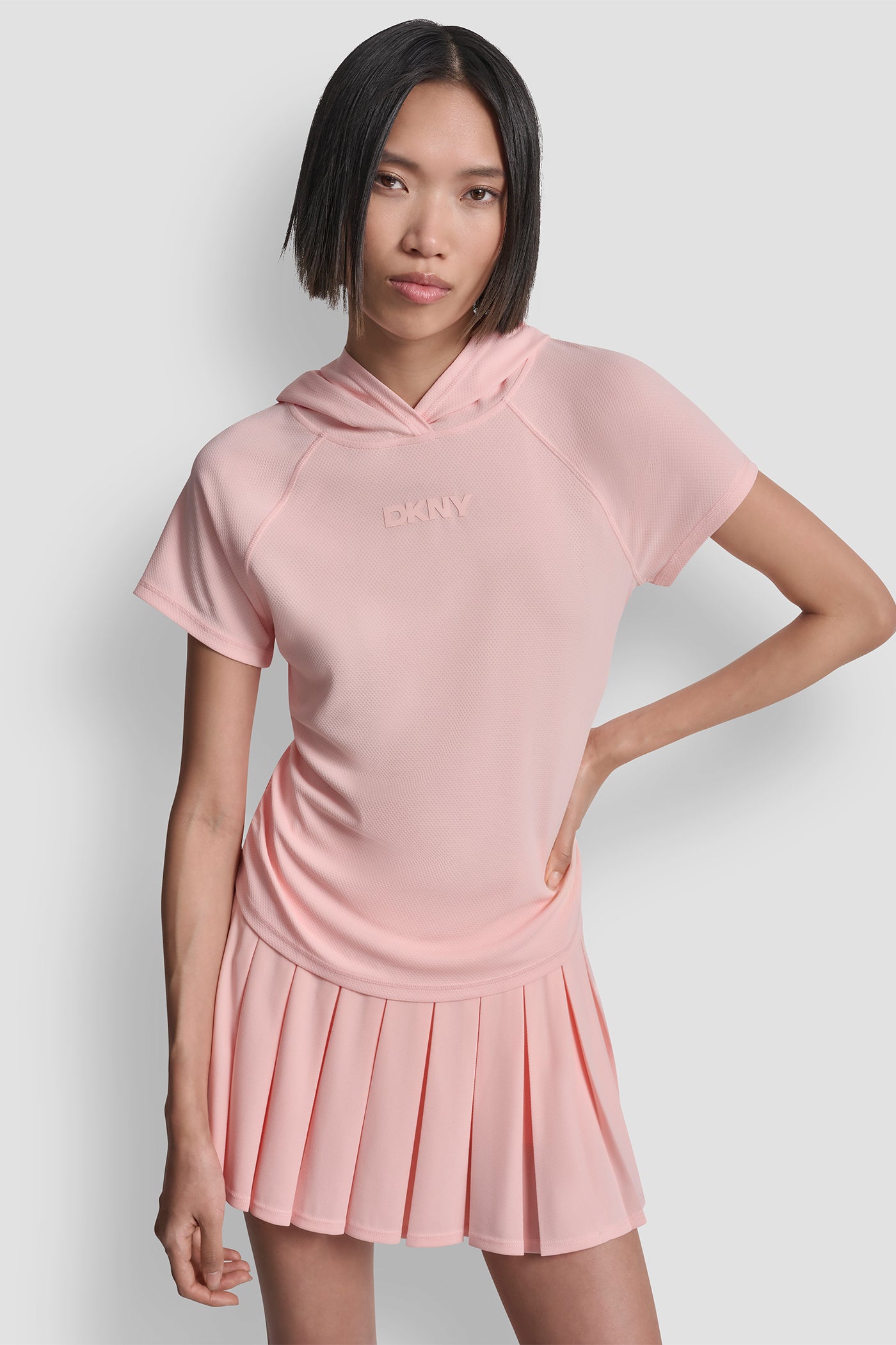 Peach Spritz HOODED TECH TEE WITH TONAL LOGO, FRONT VIEW | Clothing